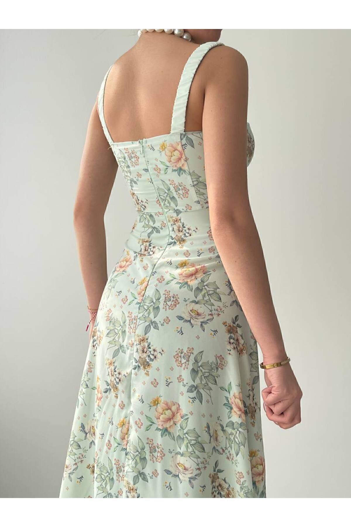 BENDİSTAR BUTİK-Motiv Floral Verde Menta - Rochie Midi fara bretele cu cravata pe piept 2
