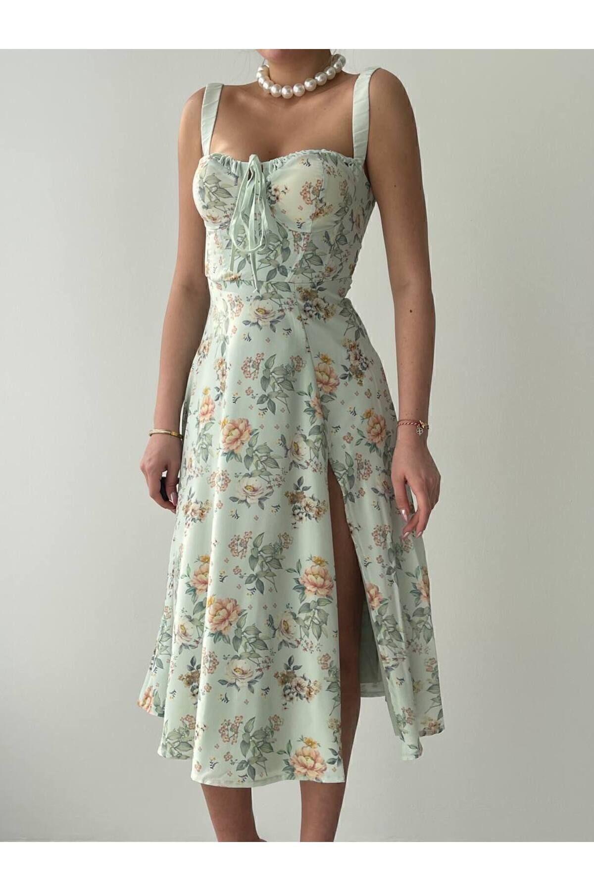 BENDİSTAR BUTİK-Motiv Floral Verde Menta - Rochie Midi fara bretele cu cravata pe piept 4
