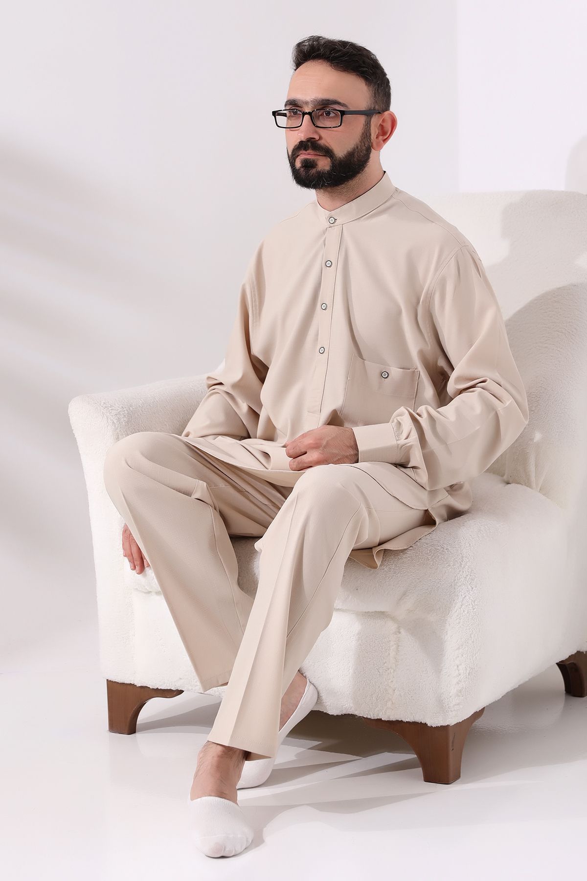 ihvanonline-Men's Viscose Afghan Suit - Berat Hajj and Umrah Clothing, Dark Cream 6