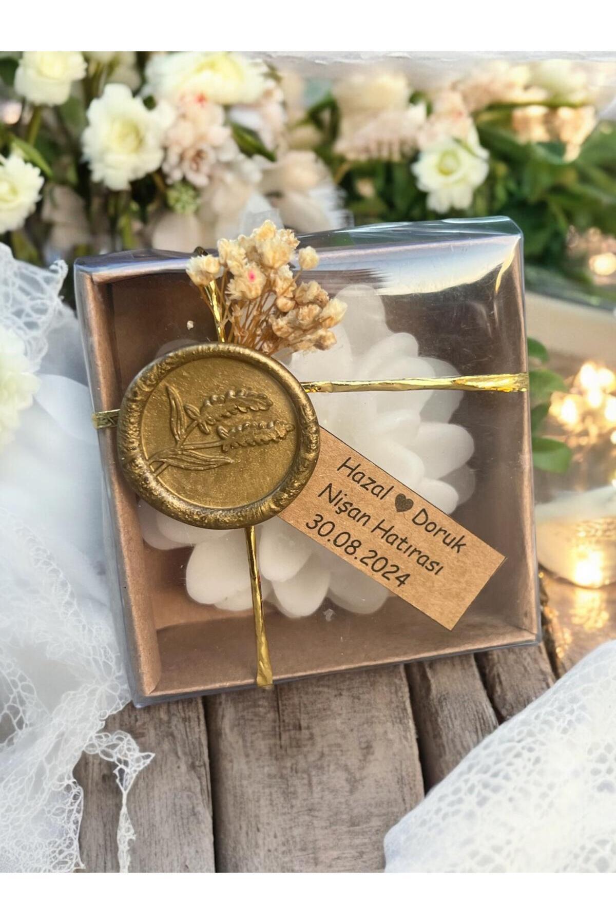 aralmini Kraft Kutulu Cipso ve Mühür detaylı Lotus Mum Söz Nişan Hediyelik  (20 Adet)