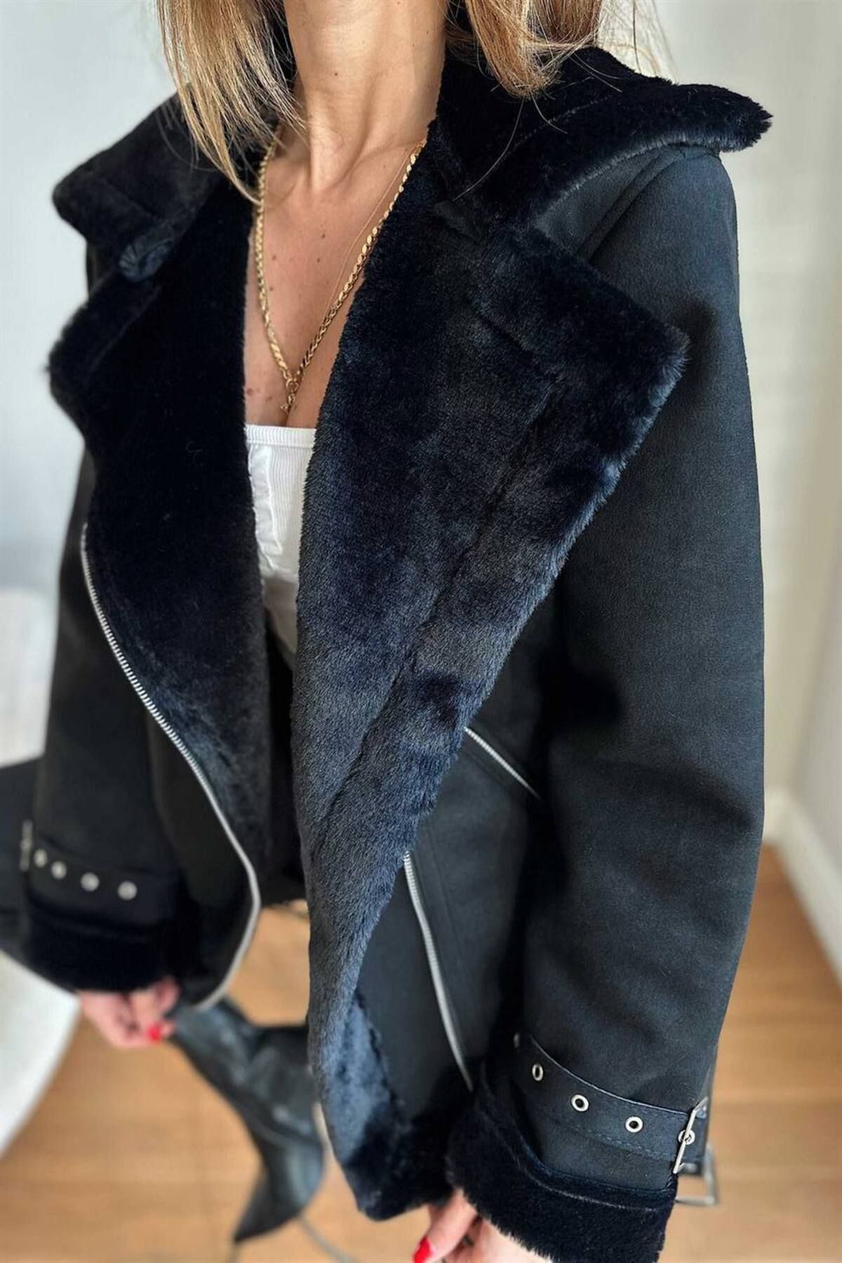 Afiş Butik-Wildledermantel mit Fell innen und Gürtel 3