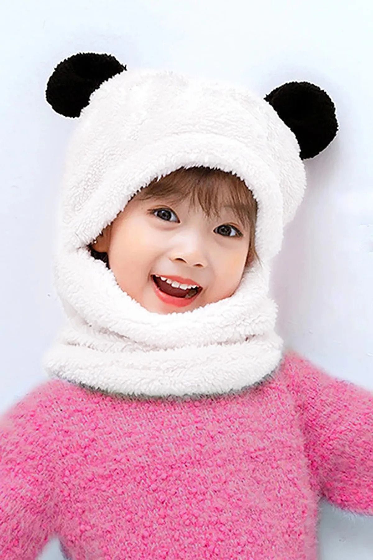 Nurnivus-Cute Panda Patterned Plush Beanie for 3-6 Year Old Children - with Ears, Hoodie and Windproof 1