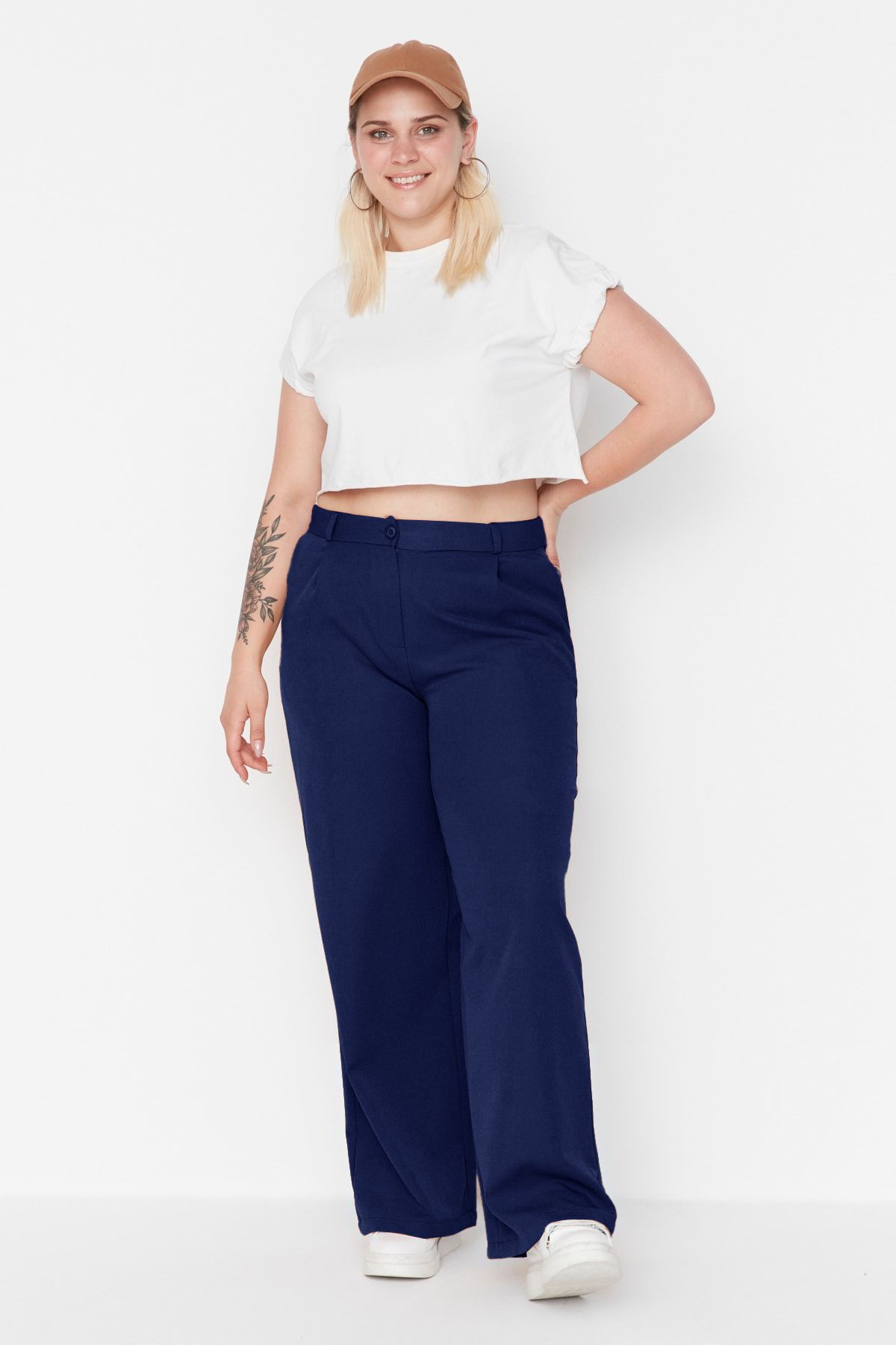 Trendyol Curve-Navy Blue Wide Leg LARge Size Woven Trousers - TBBAW23AR00007 2