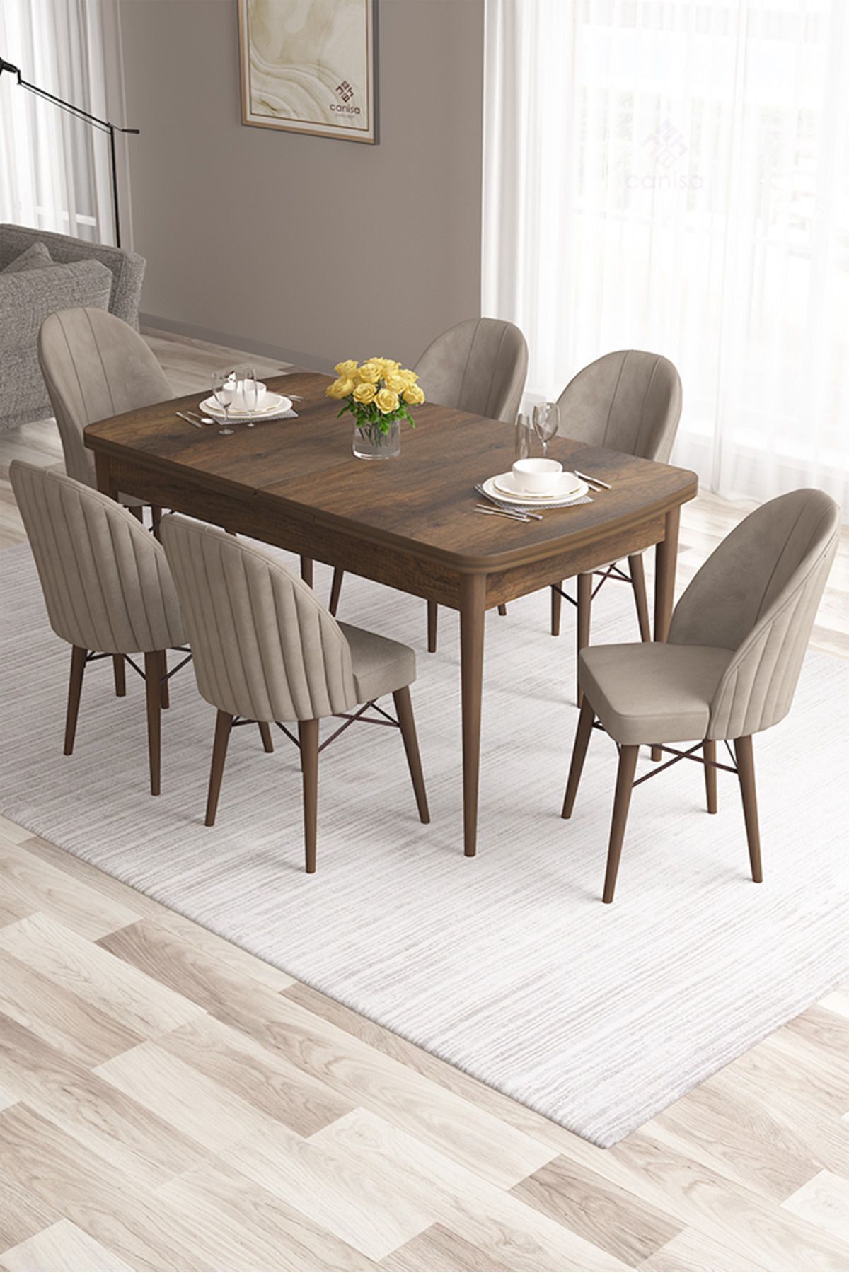 Canisa Ves Serisi 80x132 MDF Açılabilir Barok Ahşap Desen Yemek Odası Takımı 6 Adet Cappucino Sandalye