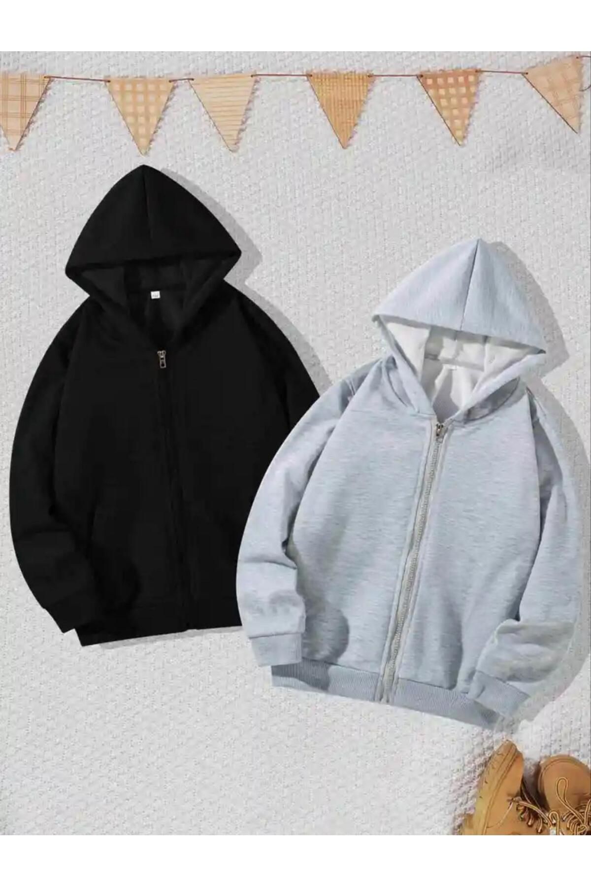 Çocuk 2'Li Paket Düz Siyah-Gri  Fermuarlı Hırka