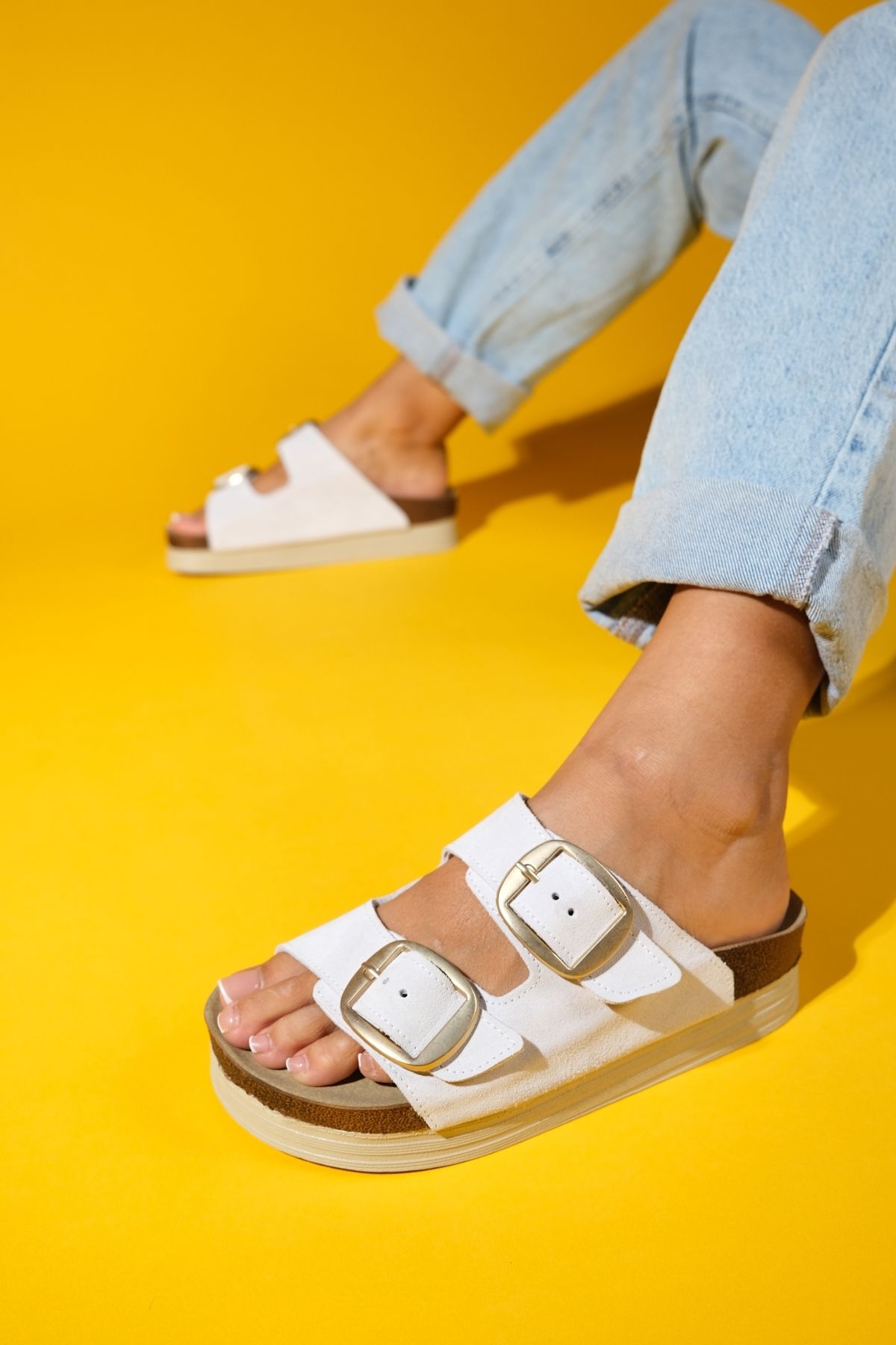 دمپایی زیره ضخیم زنانه جیر سفید دوتایی چرم طبیعی HARBOR luvishoes