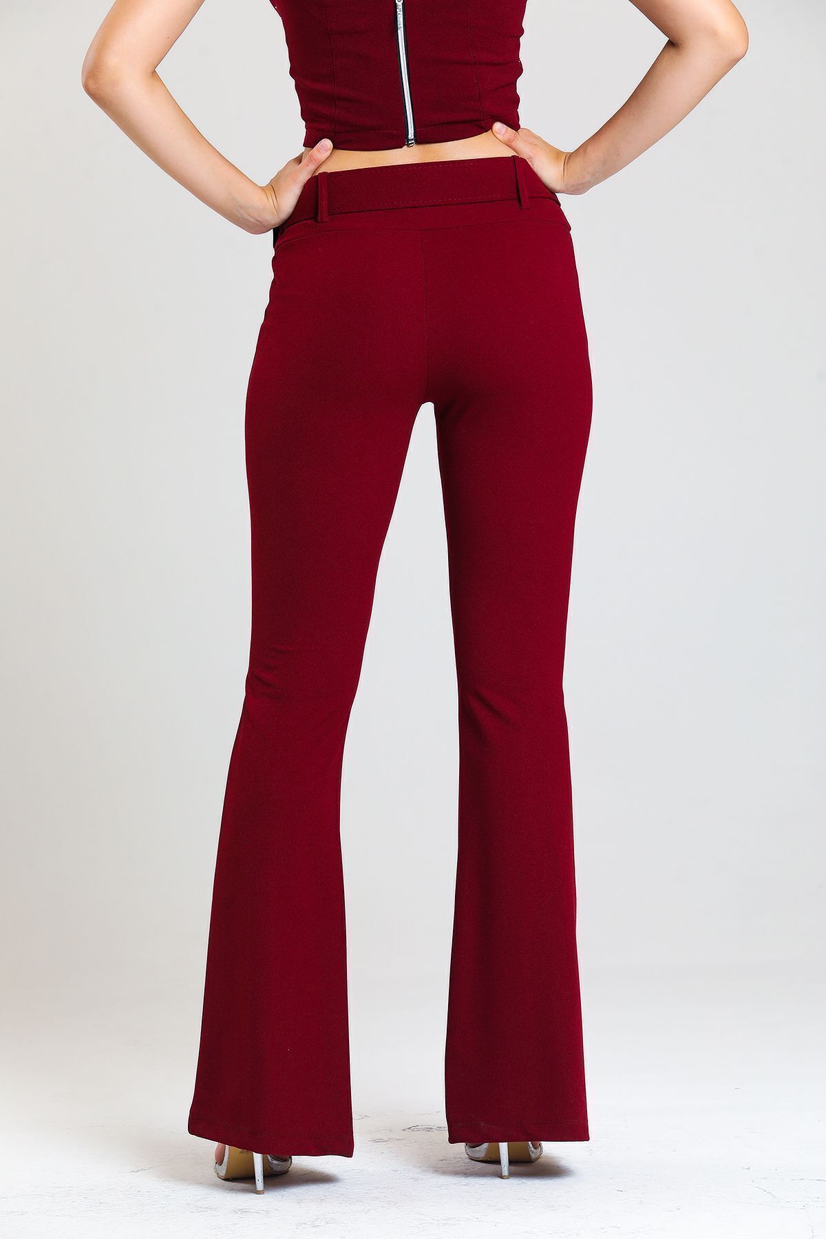  Sense Bordo Kemerli Paça Volanlı Pike Çelik  Pantolon | PNT33421