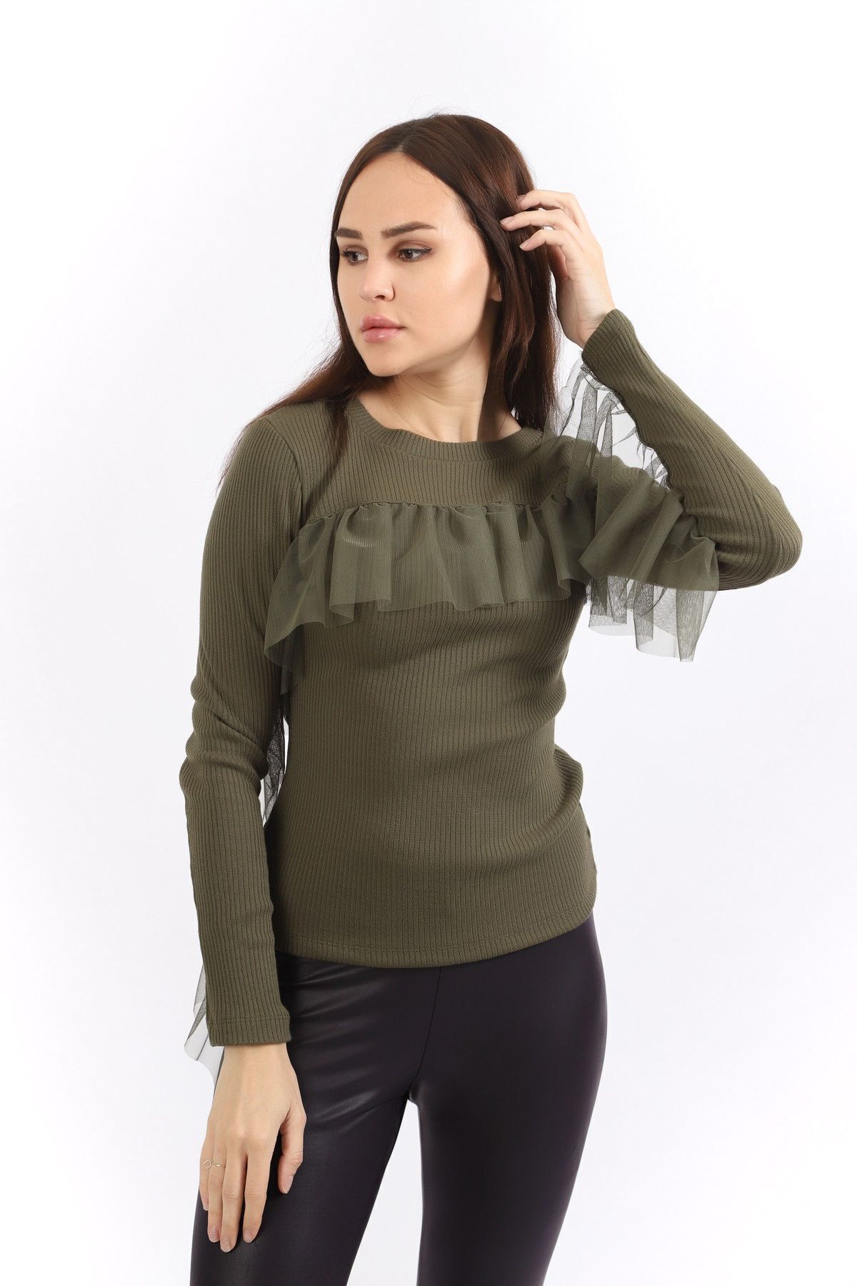  Sense Hakı Önü Ve Kolları Büzgü Tüllü Kaşkorse Triko Bluz | Blz32462