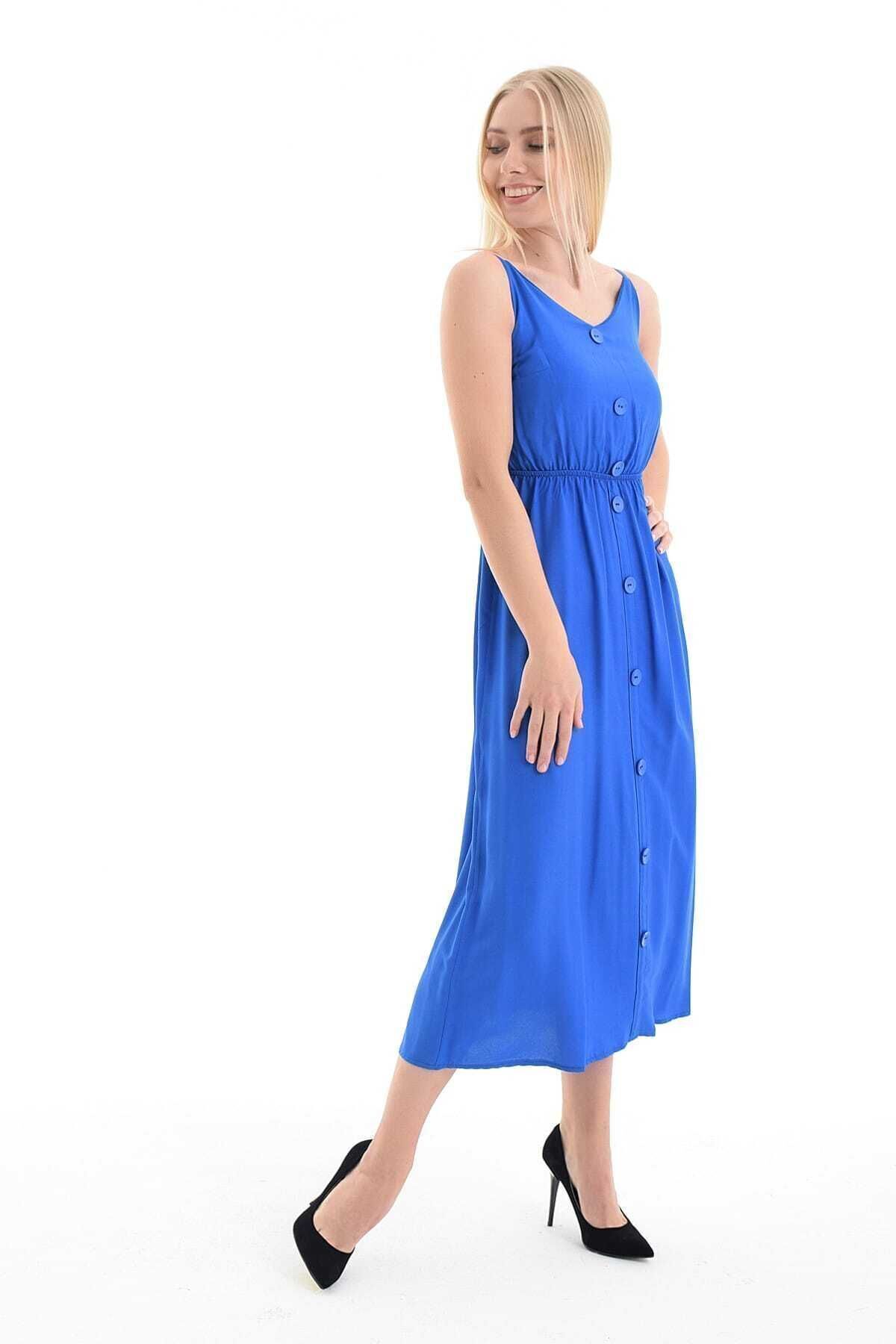  Saks ön düğmeli kroşetalı ayarlı elbise | Elb31554