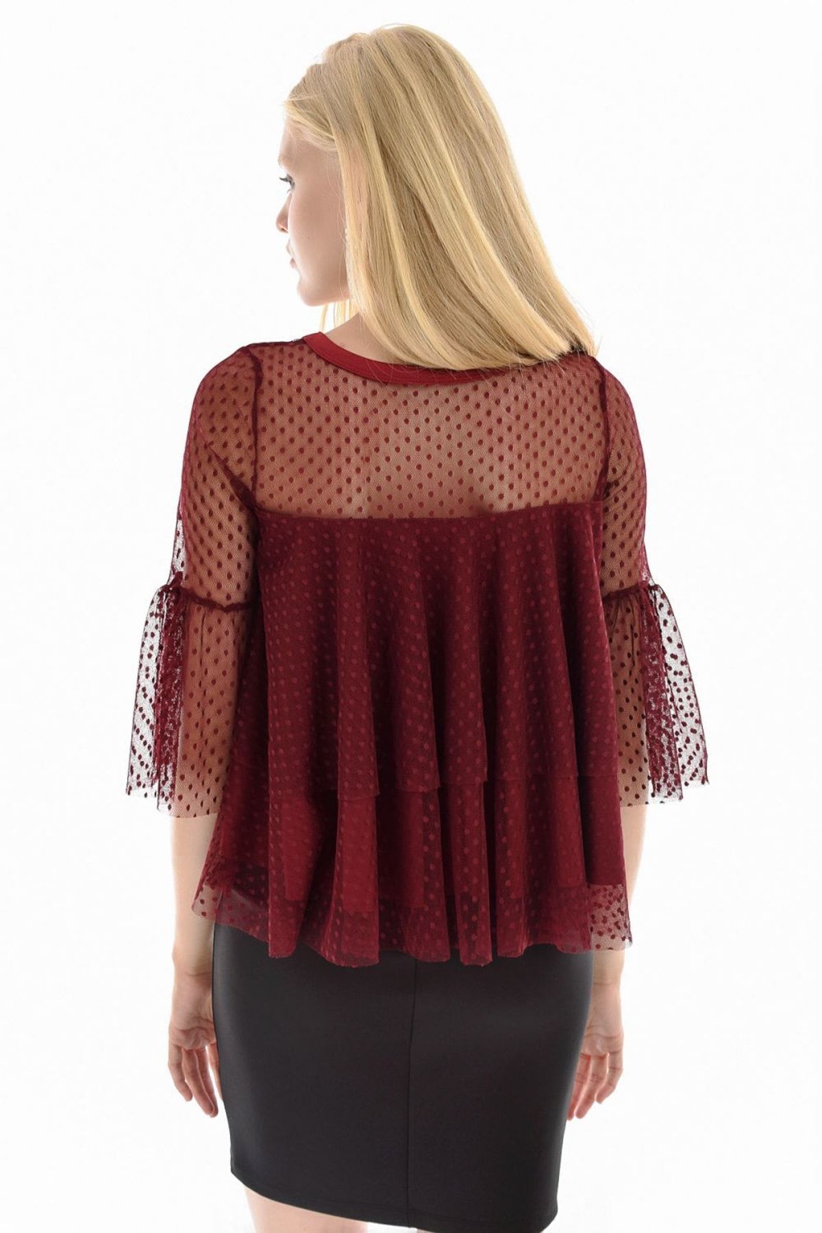  Sense Bordo Kolları Tül Volanlı Bluz