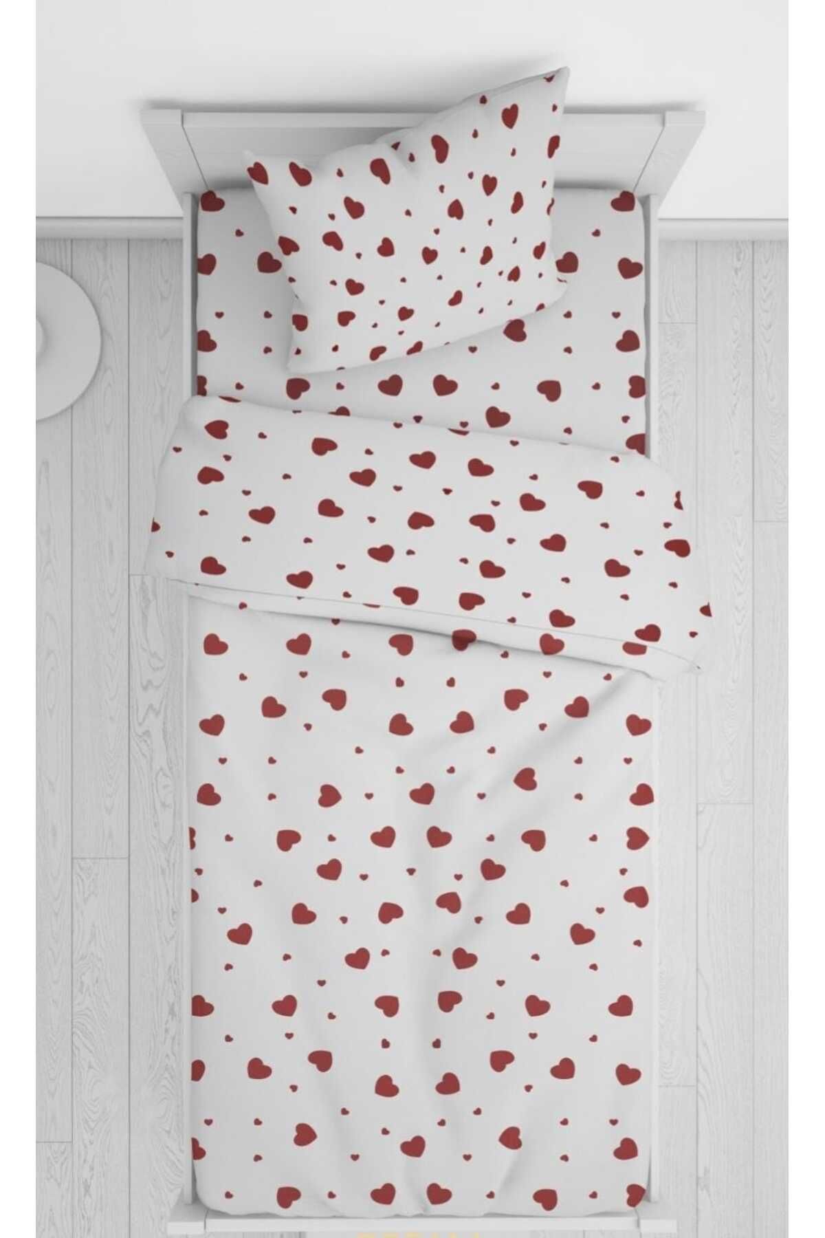 MORRİVAL TEK KİŞİLİK KIRMIZI KALPLİ 120X200 LASTİKLİ ÇARŞAFLI TAKIM-ÇARŞAF-YASTIK KILIFI-NEVRESİM 155X215 2