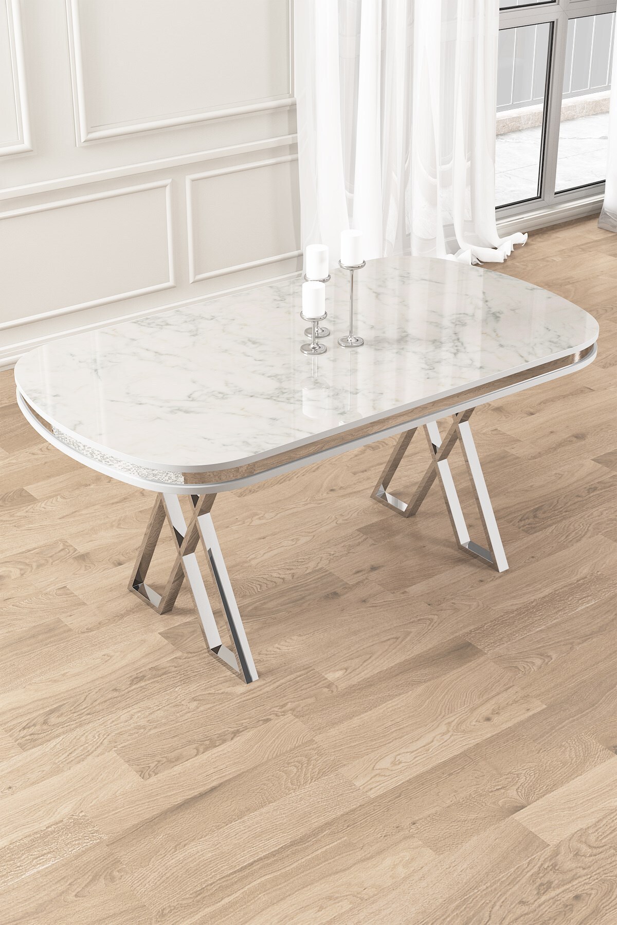 White Marble Pattern 90x168 Fixed Lacquer Panel Table Chrome Leg