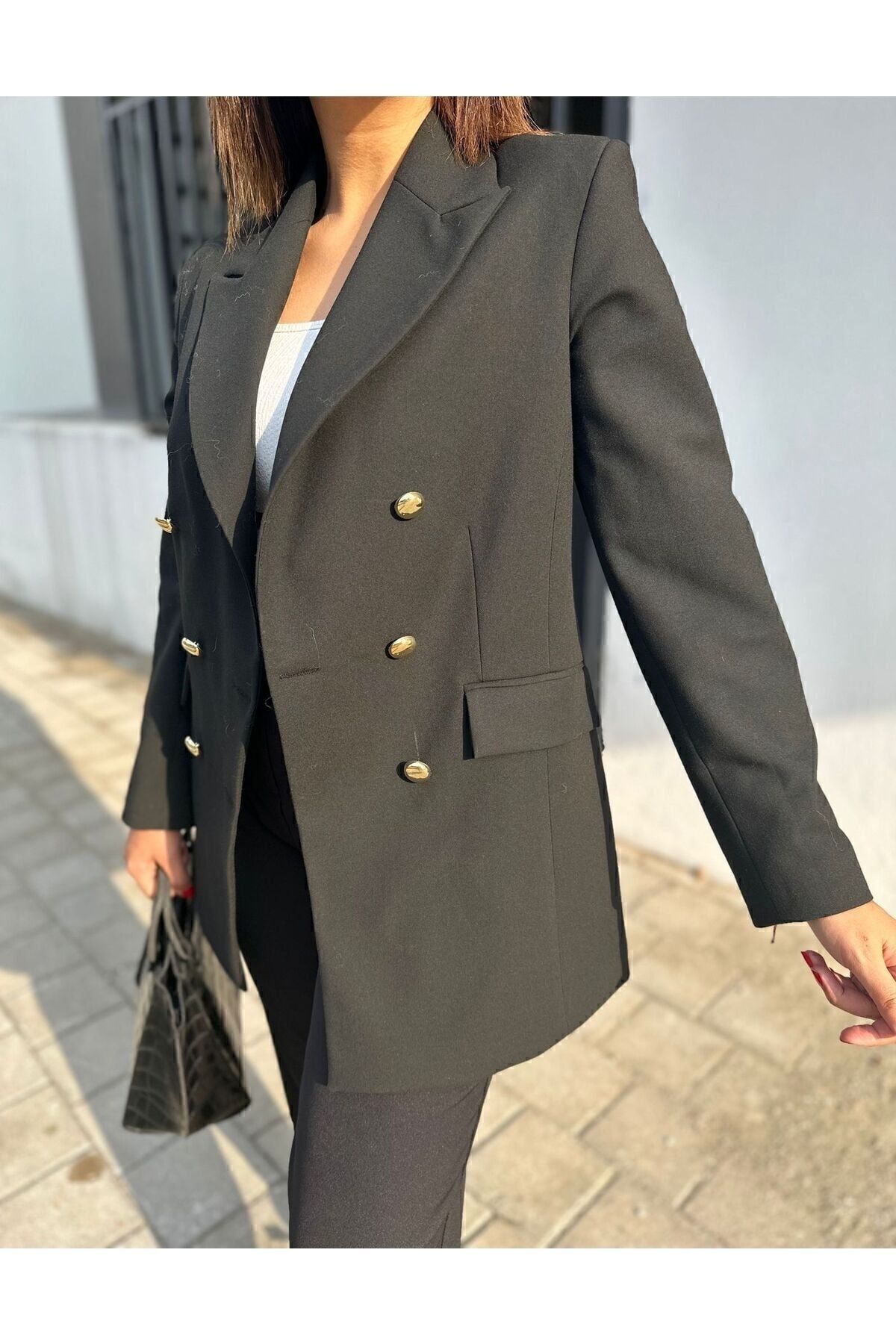 Ashley Plus Size Long Black Blazer Jacket with Gold Buttons Trendyol