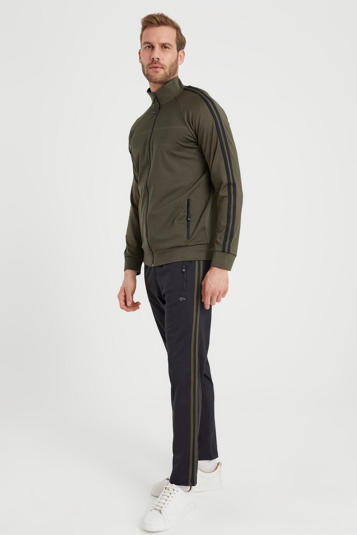 DYNAMO-Ανδρικό σετ αθλητικής φόρμας Khaki Plus Size Diver Fabric με ρίγες στα πλαϊνά 8