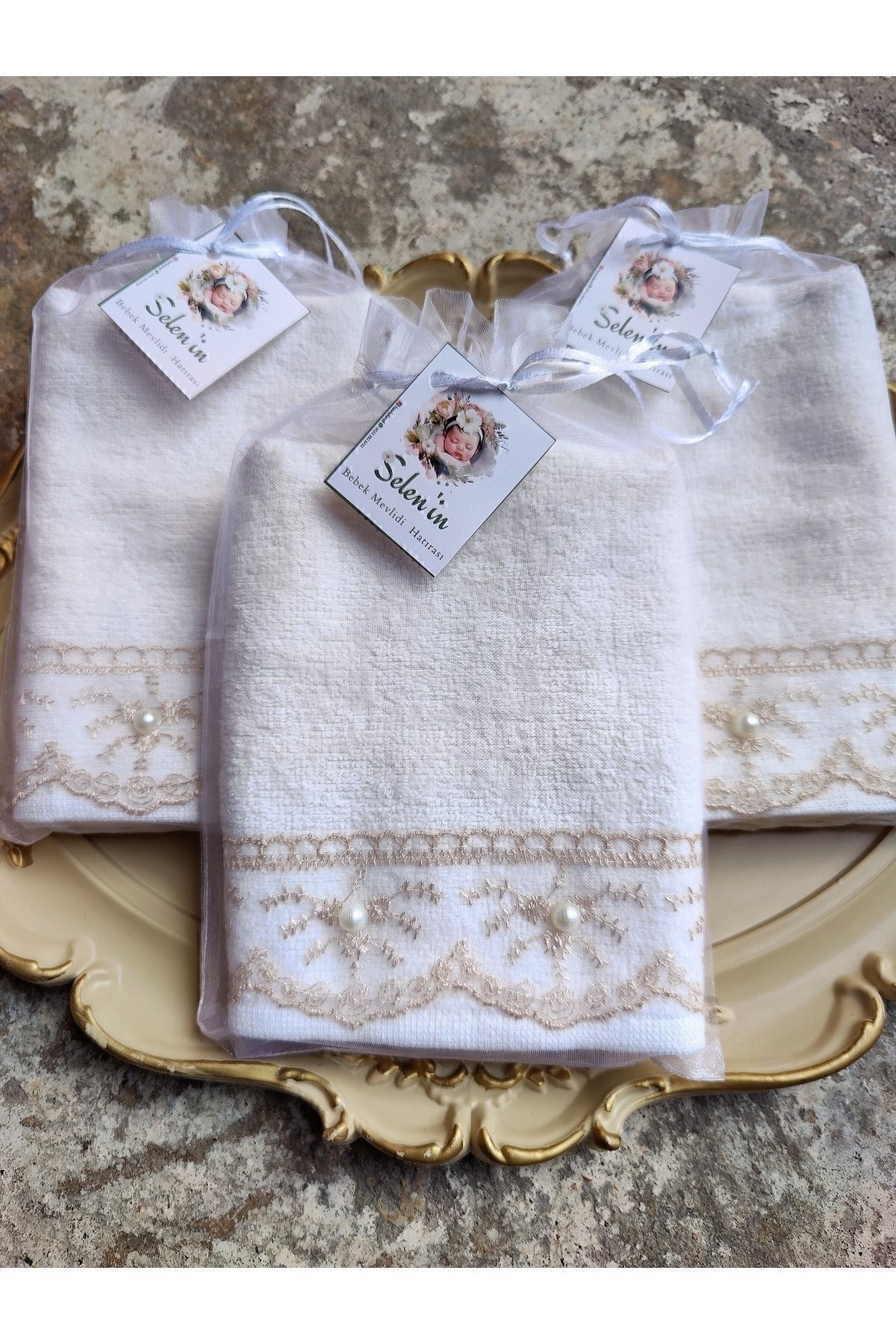 havlu dünyası 12'li Hediyelik Kahve Dantelli Tül Keseli Kadife Mutfak Havlusu (30×50 CM)