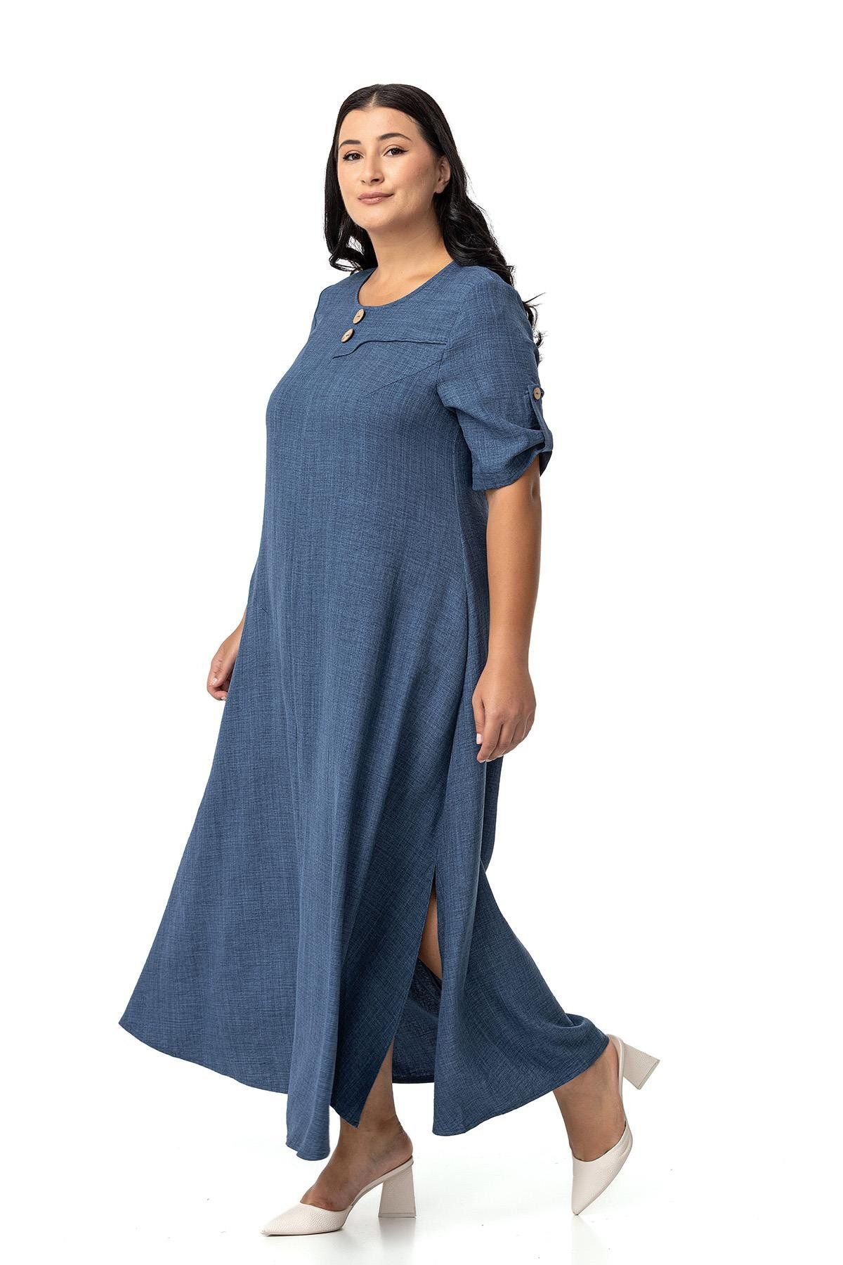 DISENTIS MODEST-Μακρύ Indigo φόρεμα με λεπτομέρεια με σκίσιμο - Plus Size, διπλωμένο και επωμίδα 4