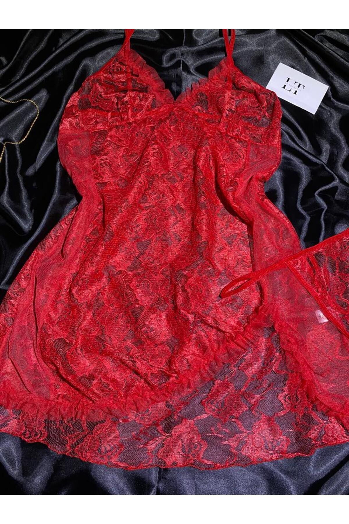 Le Tonnerre Kadın Büyük Beden Kırmızı Tül Gecelik Takımı