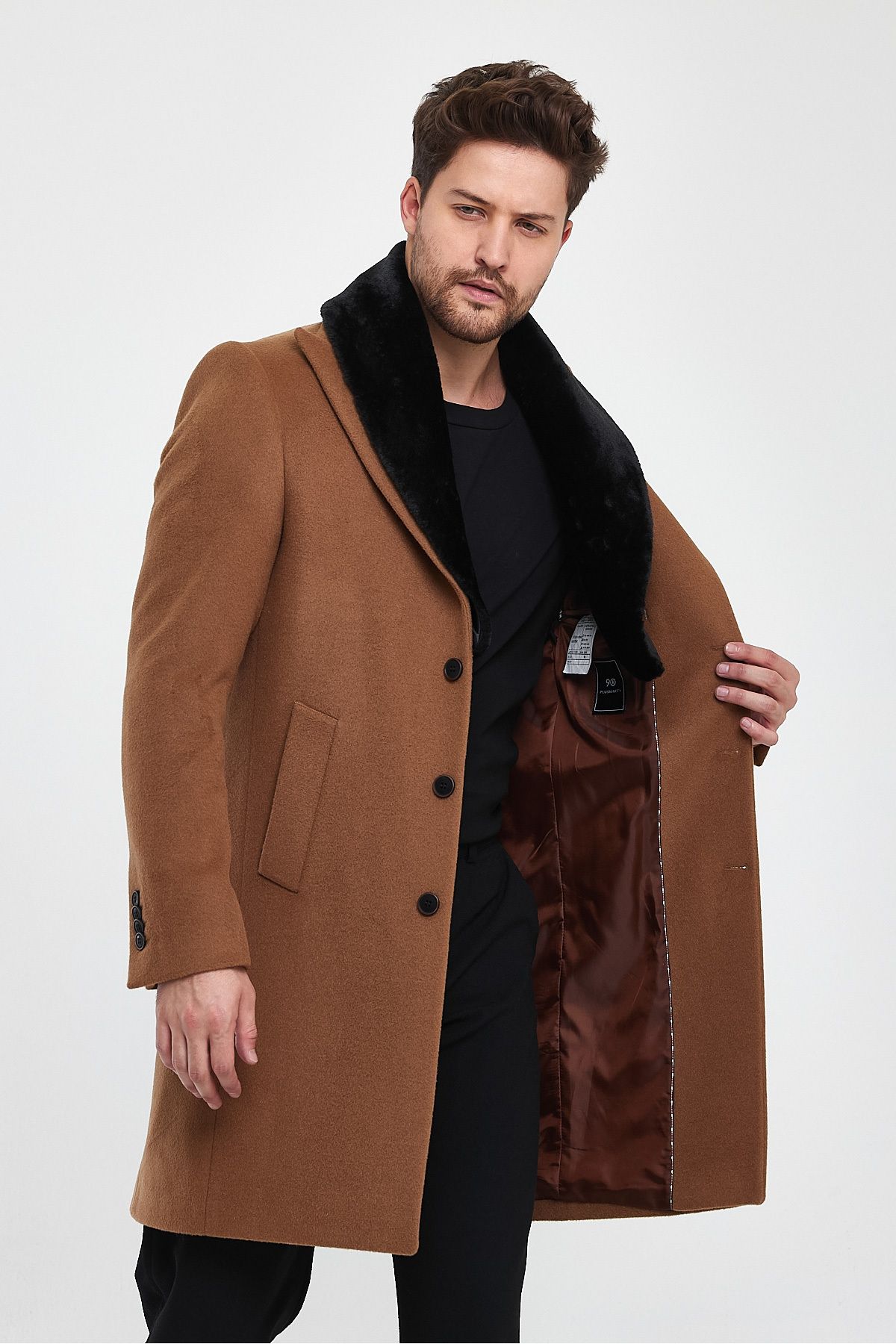 Plus Ninety-Above Knee Length Men's Coat with Detachable Collar and Fur and Wool Blend Buttons 5