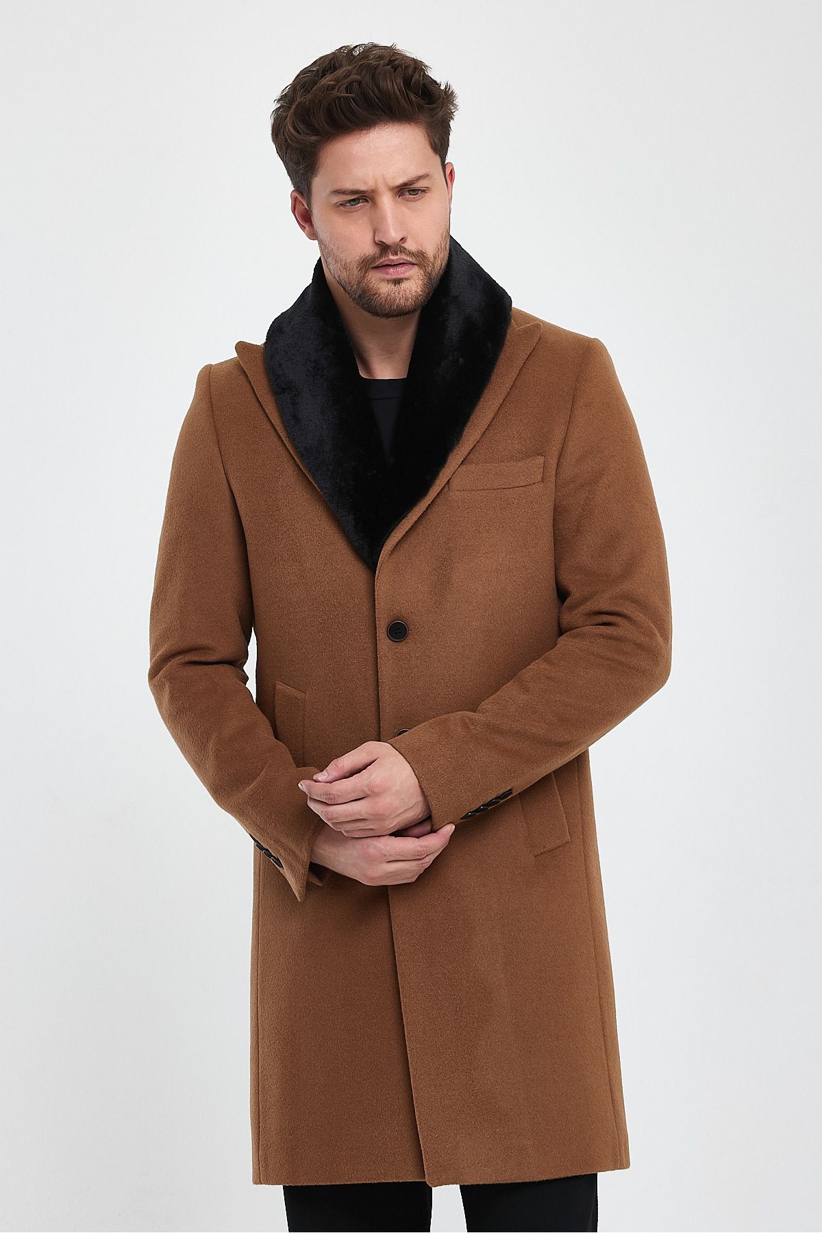 Plus Ninety-Above Knee Length Men's Coat with Detachable Collar and Fur and Wool Blend Buttons 8