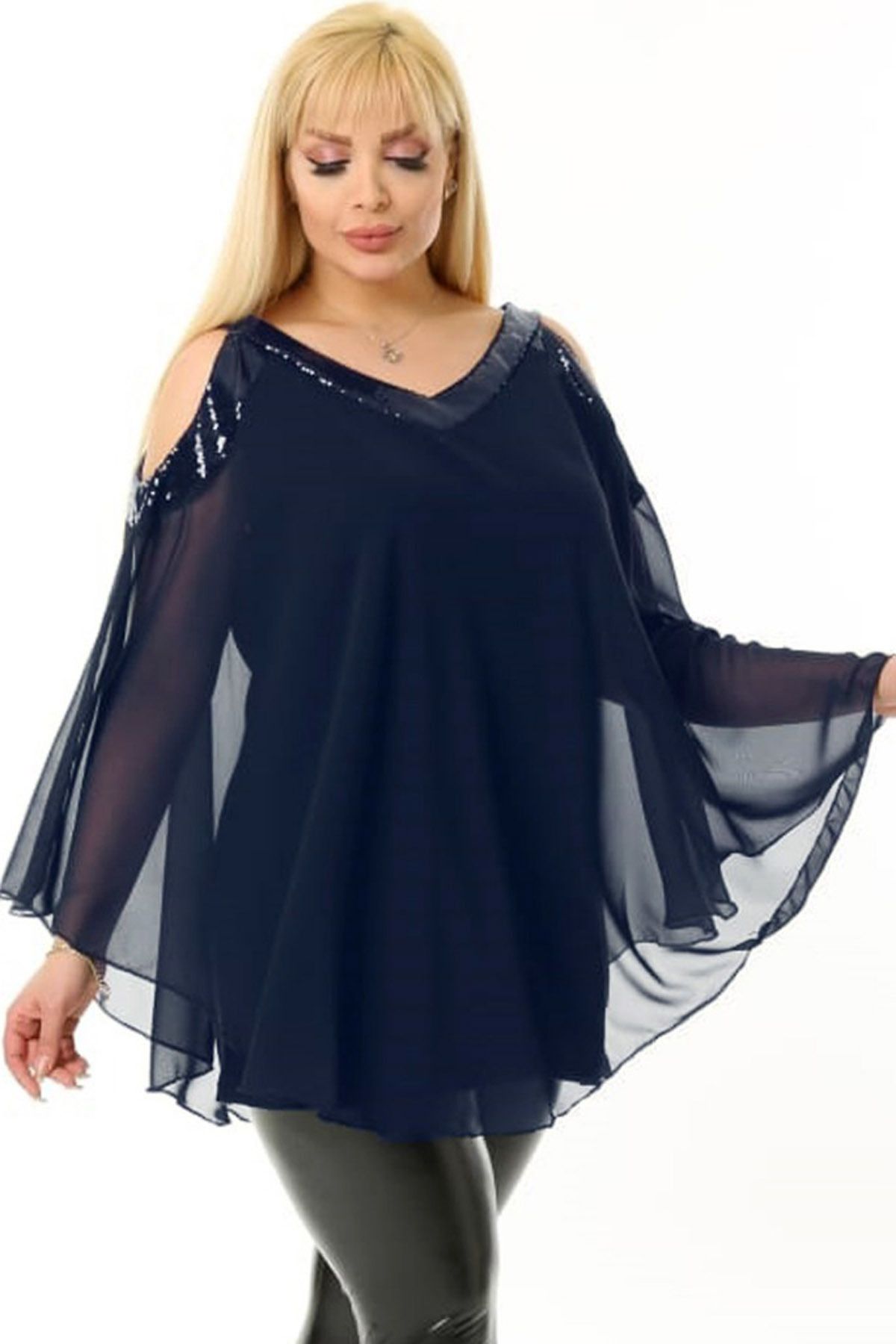 Kheos-Cool and Stylish Tulle Chiffon Blouse with V-Neck, Off-the-Shoulder and Sequin Sequin Lining on the Shoulder and Collar 4
