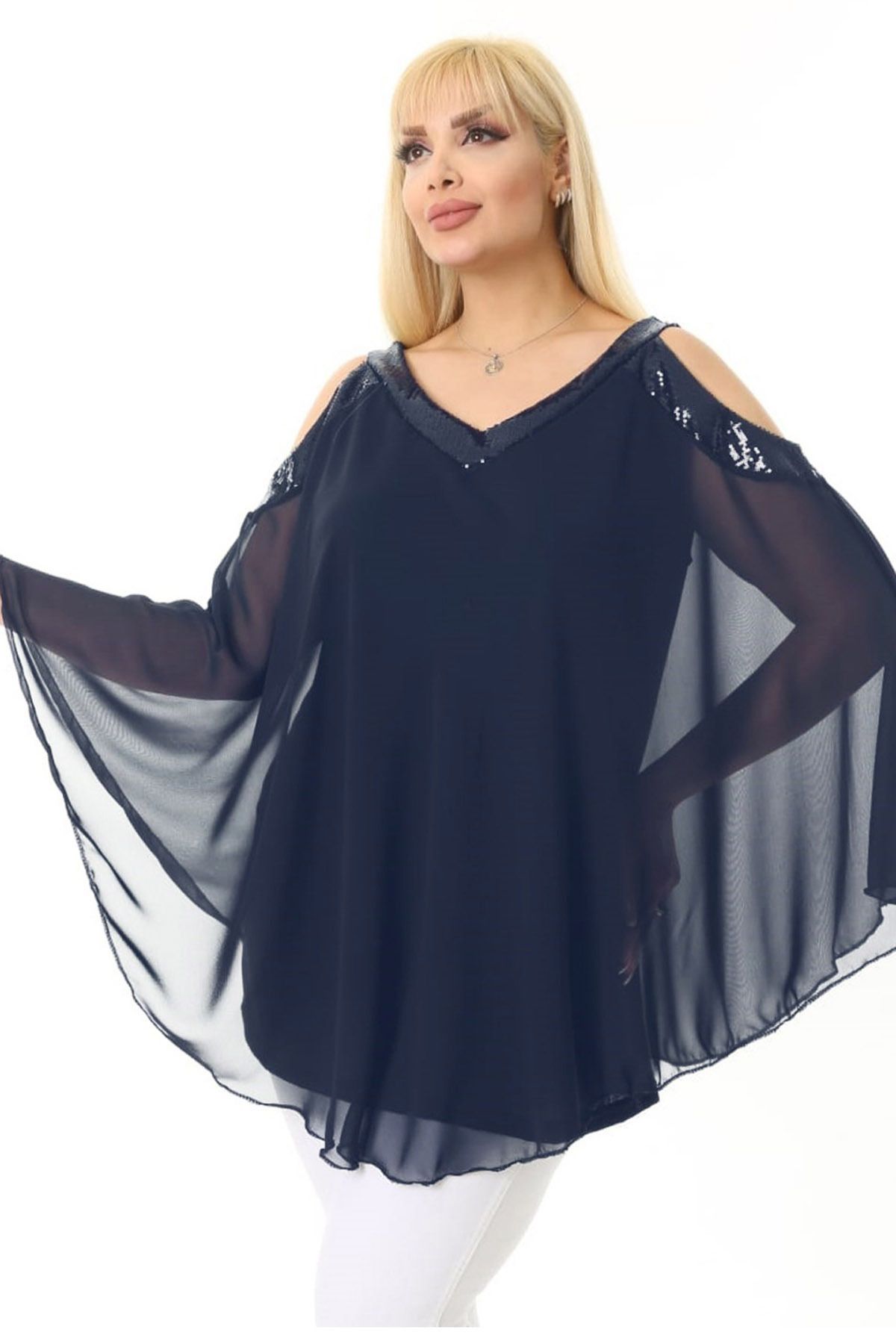 Kheos-Cool and Stylish Tulle Chiffon Blouse with V-Neck, Off-the-Shoulder and Sequin Sequin Lining on the Shoulder and Collar 6