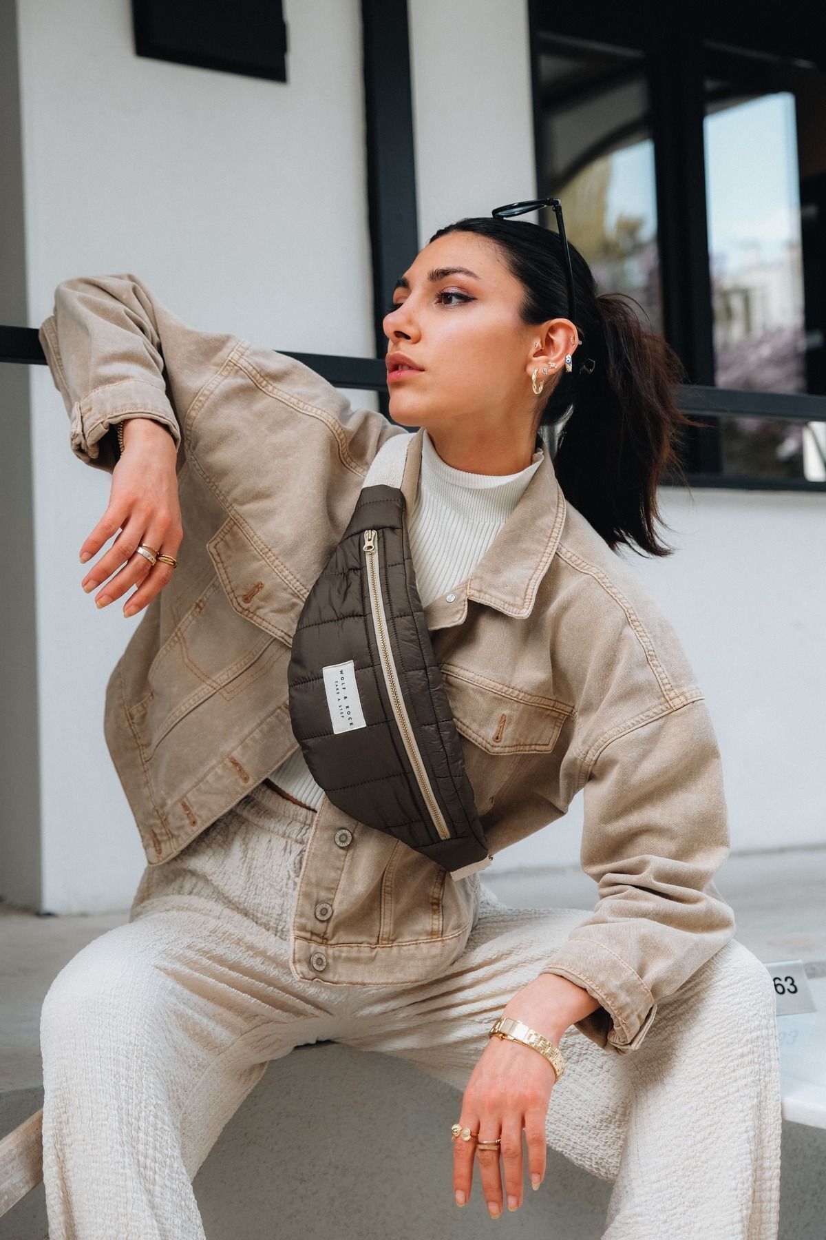 WOLF & ROCK Wolf&Rock Gold Detaylı Haki Kapitone Kumaş Bel ve Omuz Çantası