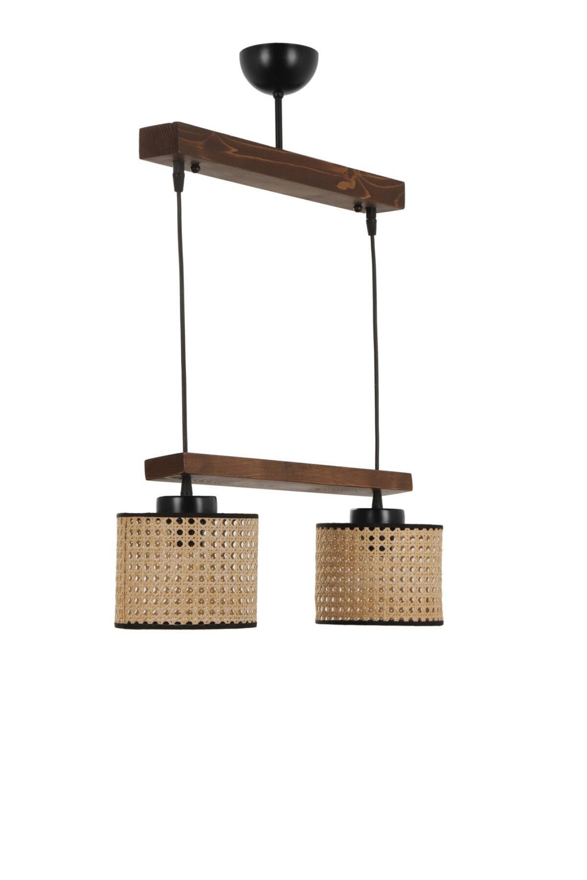 Lumexx-David 2-Piece Row - Walnut Rattan Pendant Lamp Set with Lampshade 1