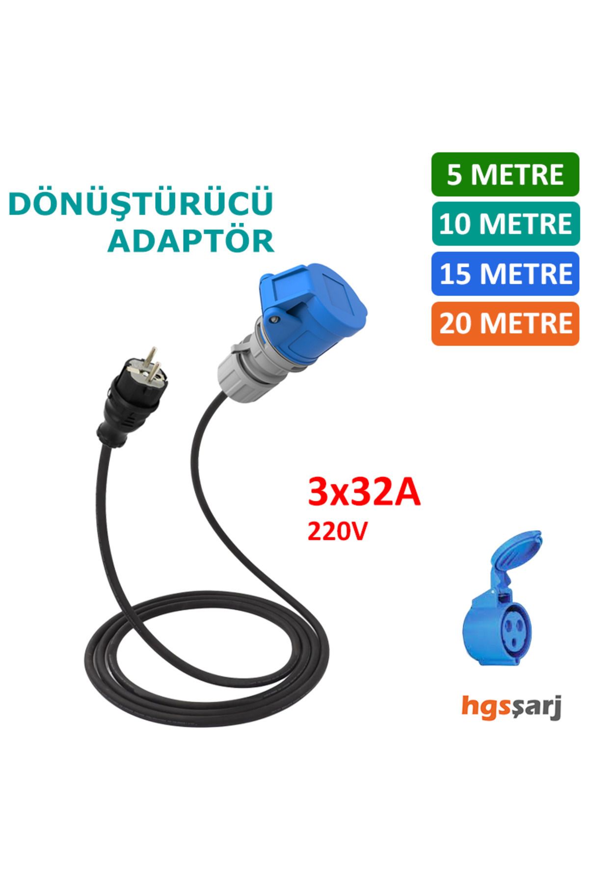 hgsşarj 20 Metre, 3x32a 220v Ile Çalışan Cihazınızı, 220v Ev Tipi Prize Bağlar. Elektrikli Araç