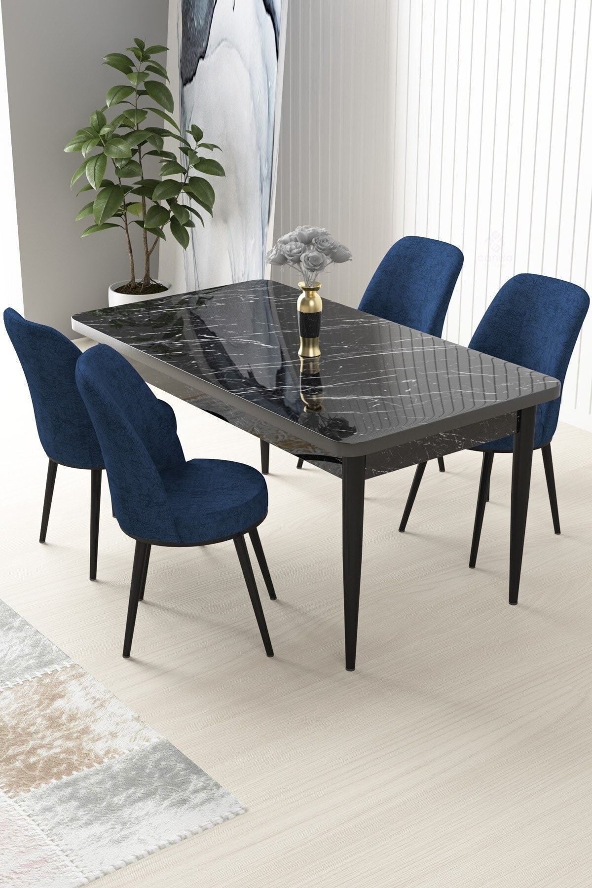 Nile Series 70x110 Fixed Kitchen Table Set Black Marble Pattern Table 4 Navy Blue Chairs