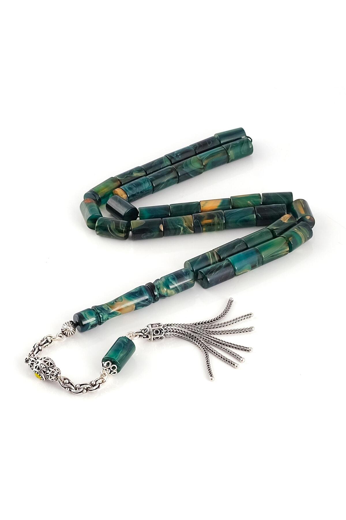 Moss Green Cut Model Silver Fringed Squeeze Amber Rosary