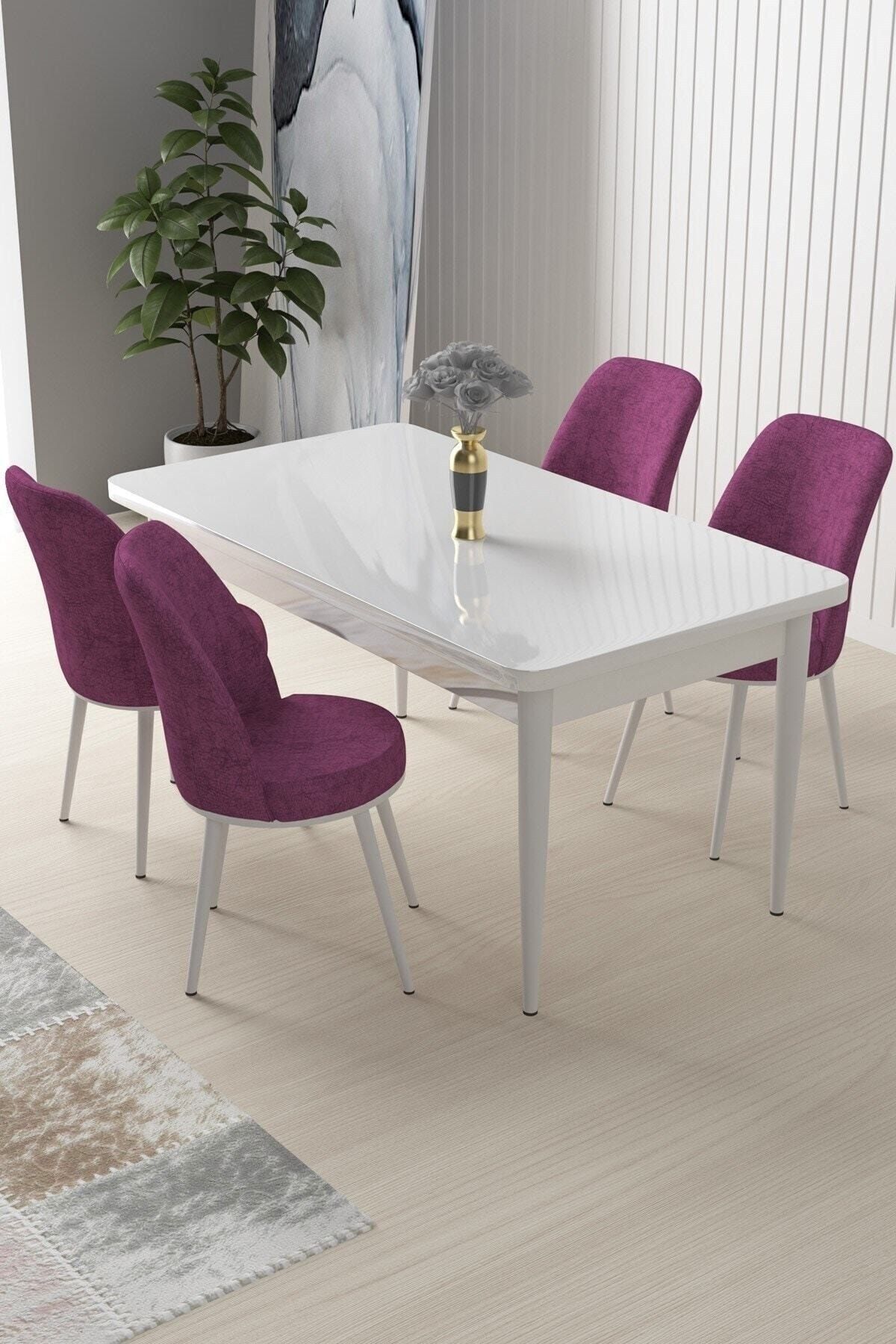 Nile Series 70x110 Fixed Kitchen Table Set White Table 4 Purple Chairs