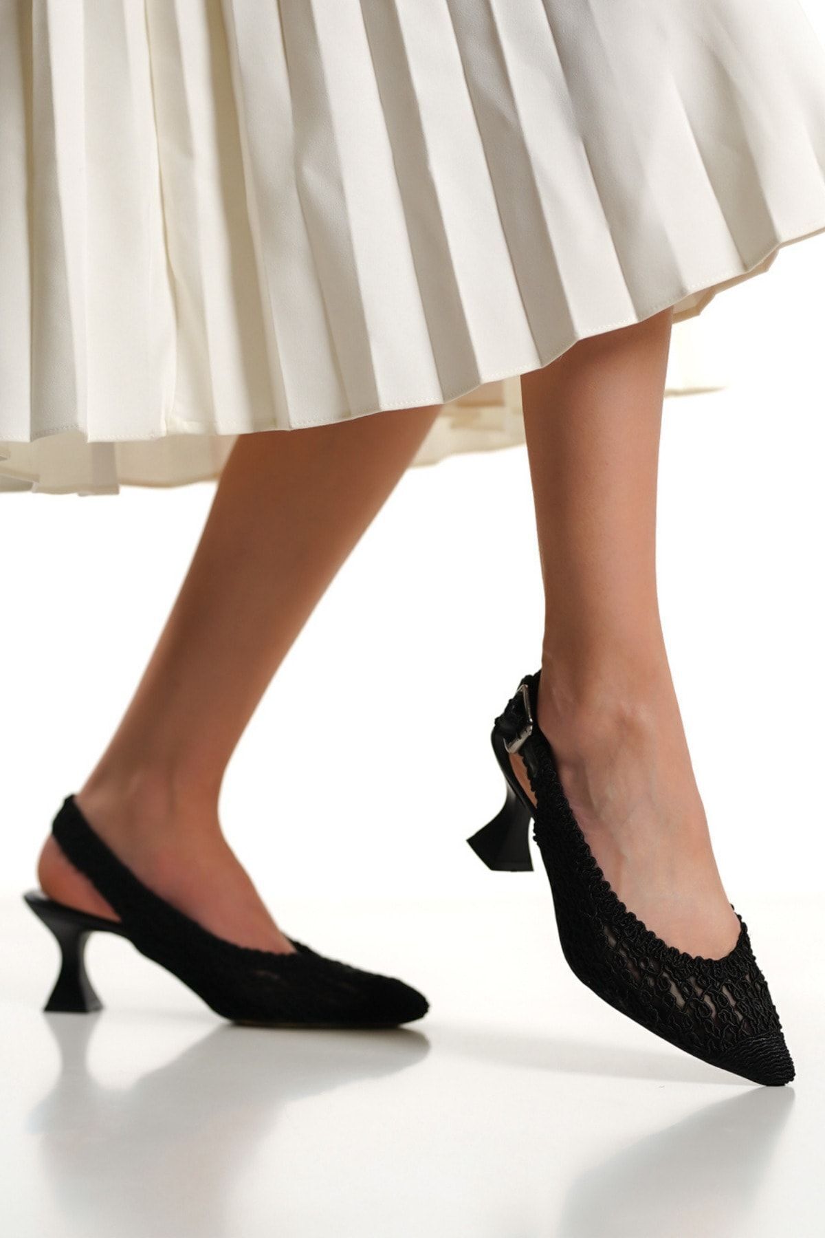 Black Knitted Fabric Open Back Ankle Lace-Up Stiletto Women's High Heels