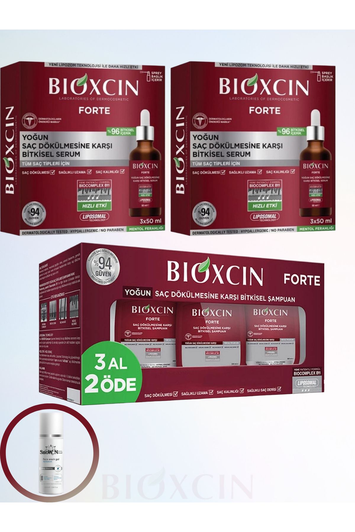 سرم فورته 3x50 میلی لیتر (2 عدد) و شامپو گیاهی فورته 3x300 میلی لیتر (1 عدد) + ژل پاک کننده صورت 1X100 میلی لیتر Bioxcin