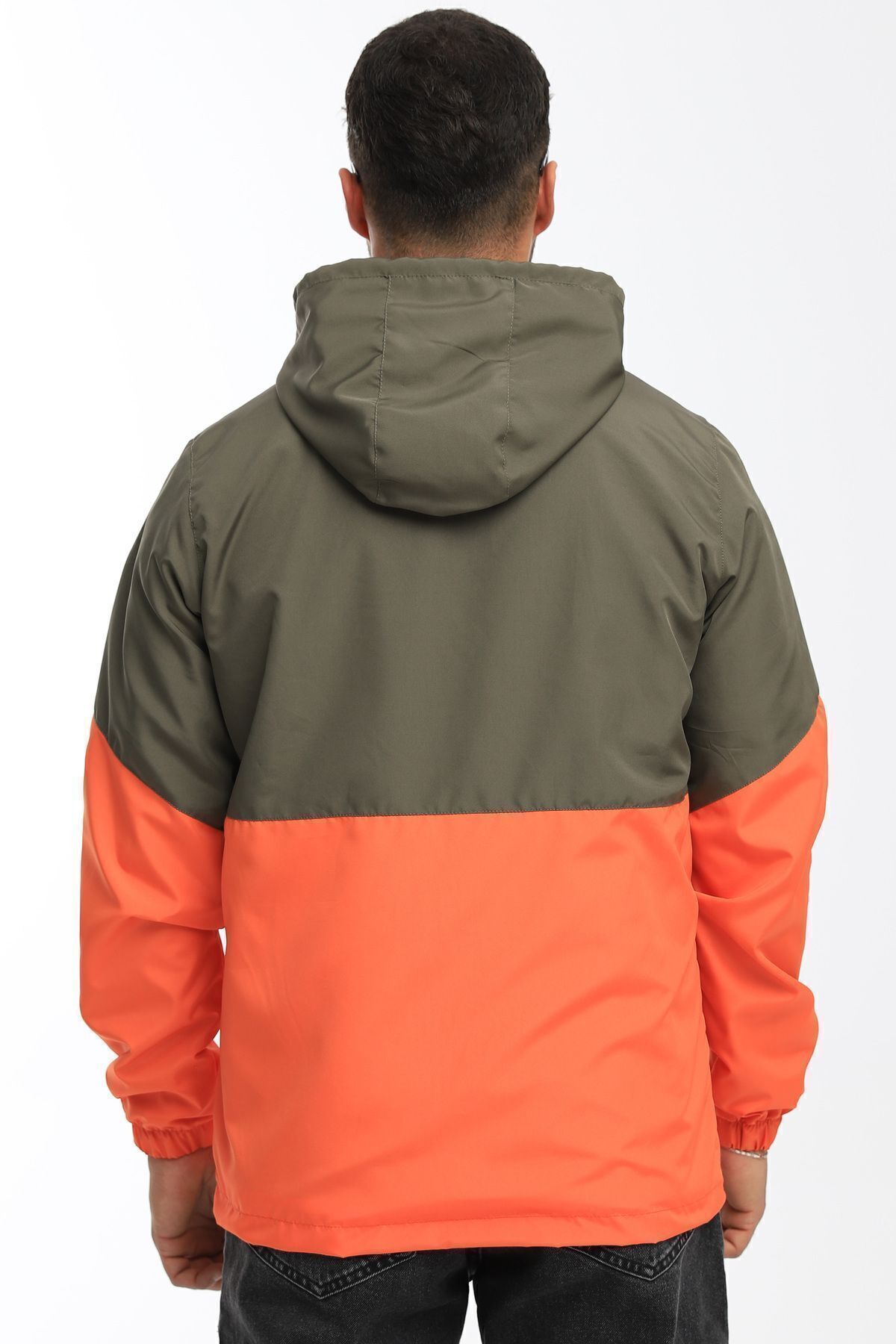 river green  Erkek Haki-turuncu Iki Renk Astarlı Suya Dayanıklı Kapüşonlu Cepli Yağmurluk-rüzgarlık - Görsel 7