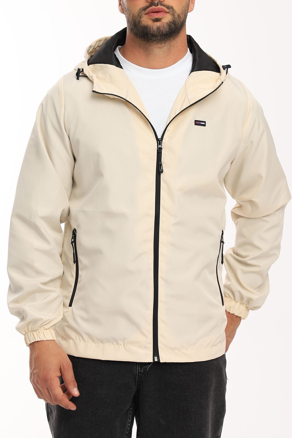 RİVERCLUP-Beigefarbene Herrenjacke – Kapuzenpullover mit Taschen und Windjacke 3