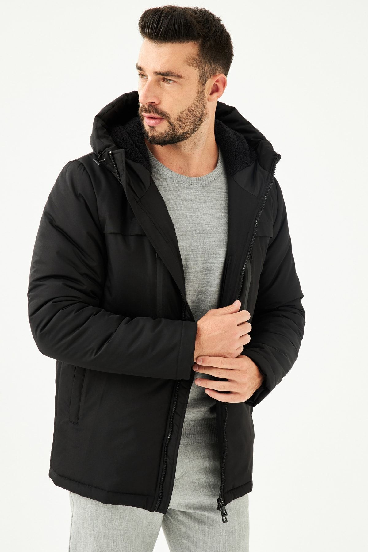 Goccix-Pánský černý zimní sportovní kabát, kabát a parka s kapucí a silnou podšívkou 4