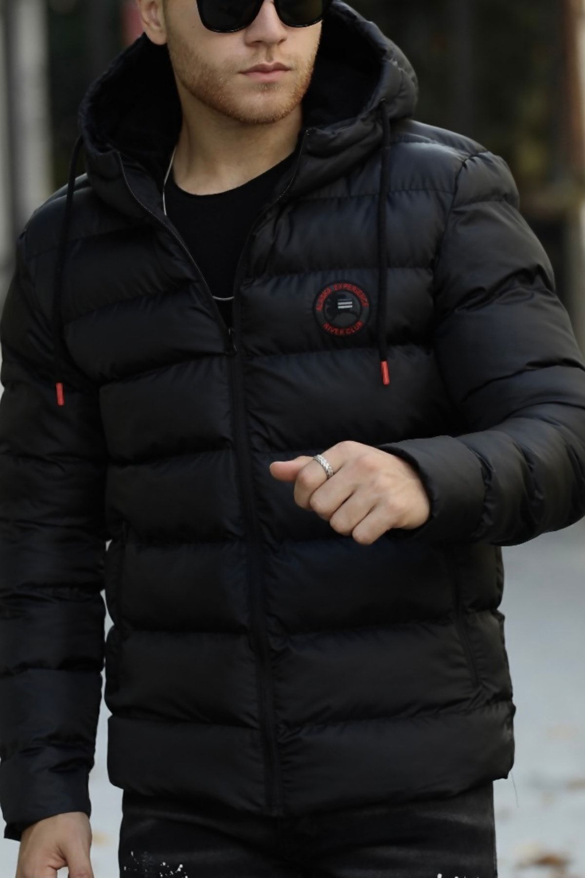D1fference-Schwarzer, dick gefütterter, winddichter, aufblasbarer Winter-Sportmantel für Herren mit Kapuze 1