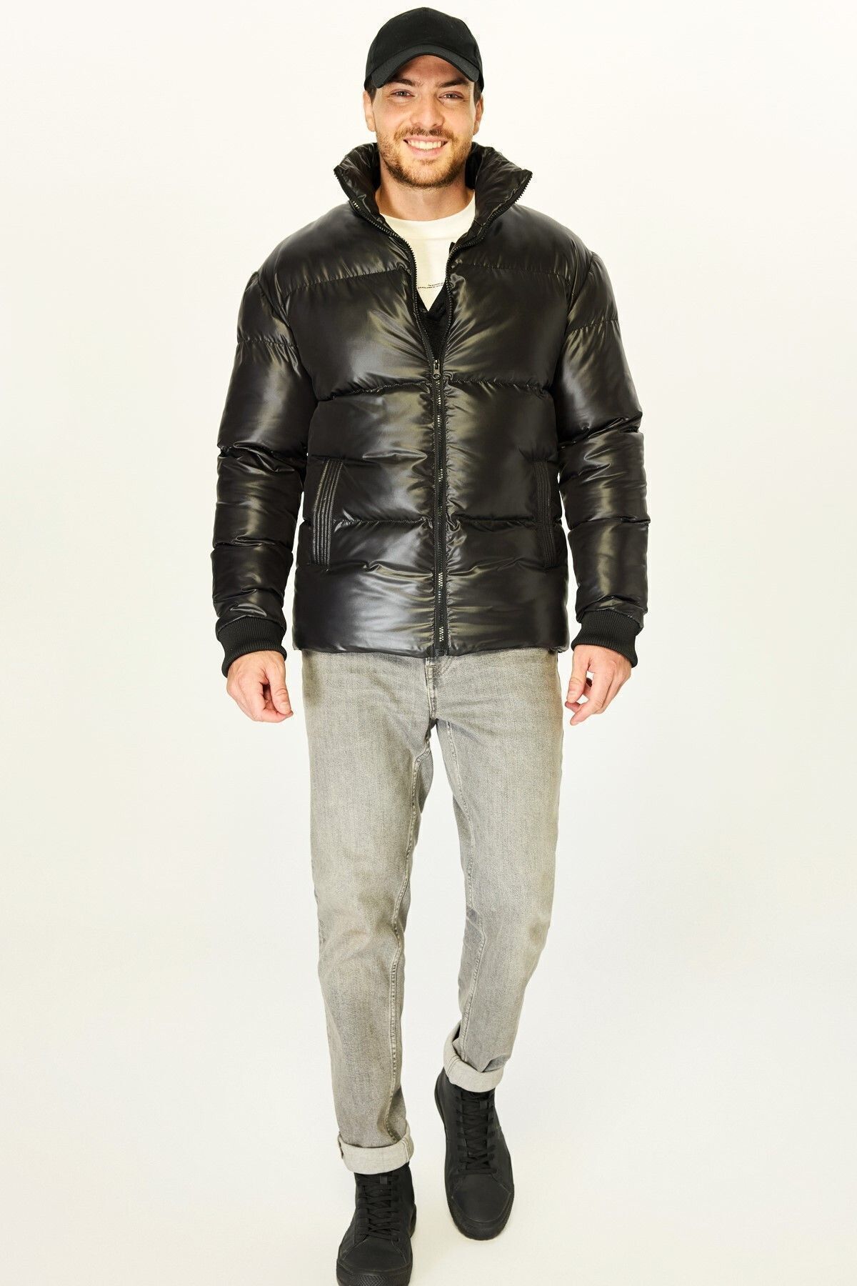 D1fference-Schwarze Pufferjacke für Herren – Faserfüllung, warm, winddicht 3