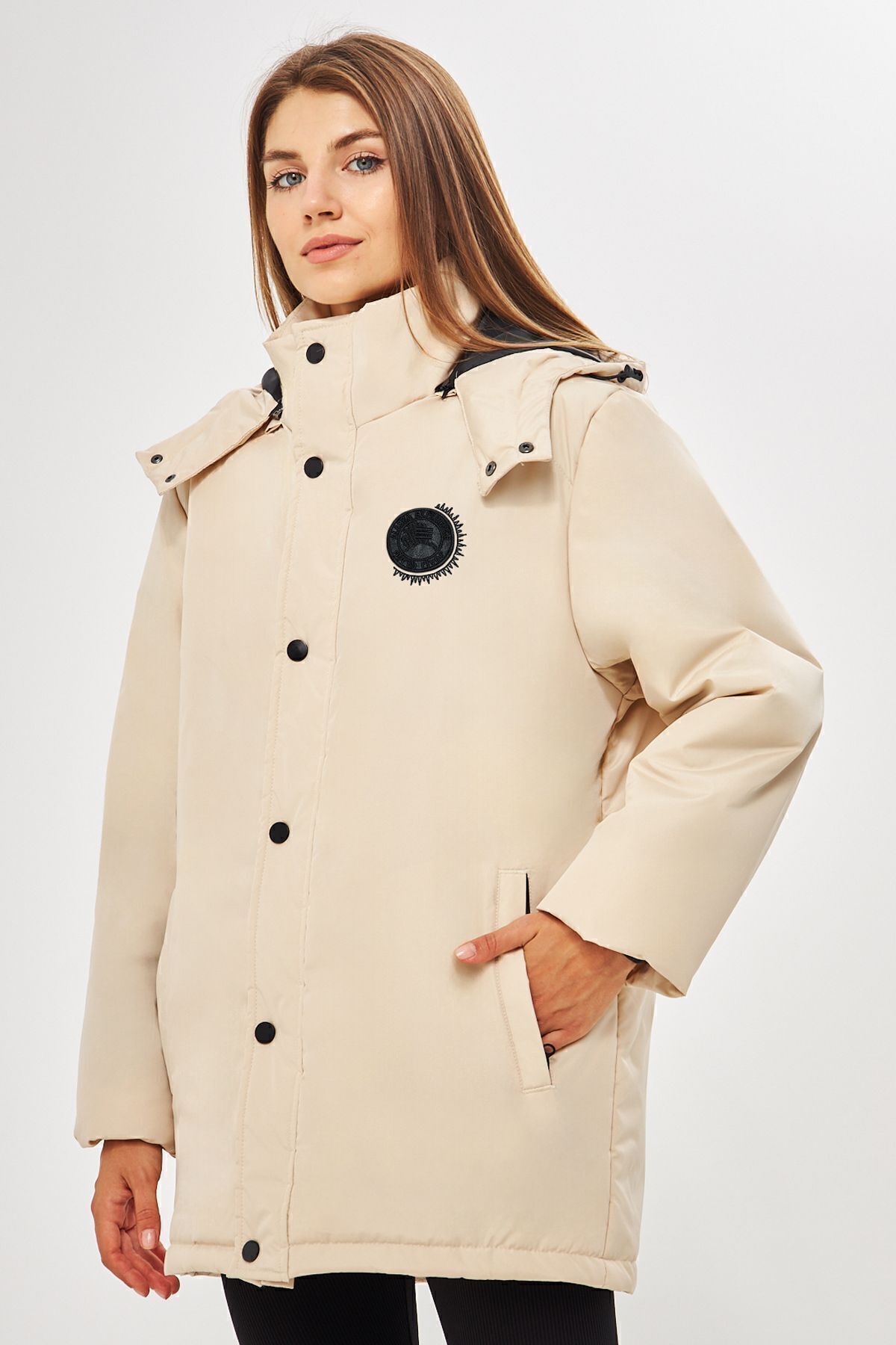 Women's Beige Hooded Windproof Winter Coat & Coat & Parka