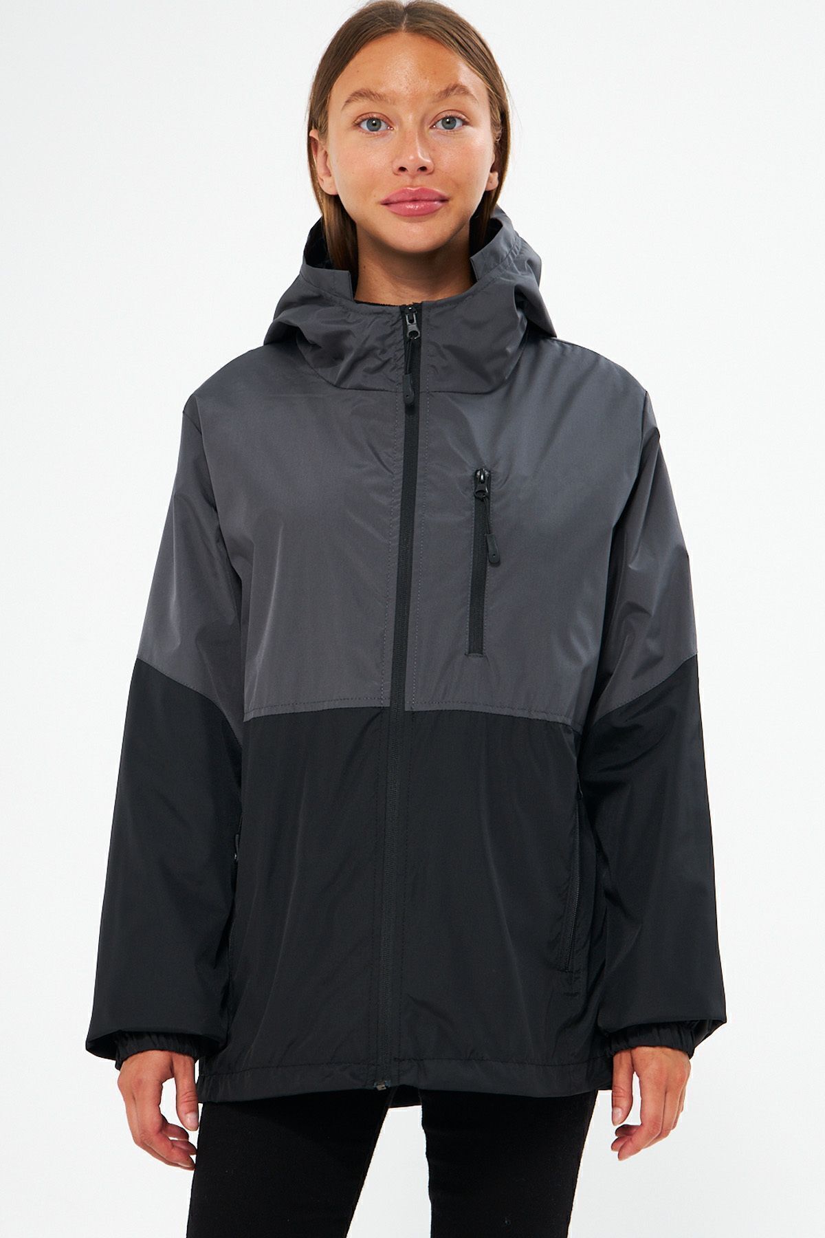 QAWWA Kadın Antrasit-Siyah Su ve Rüzgar Geçirmez İç Astarlı Cepli Kapüşonlu Spor Yağmurluk
