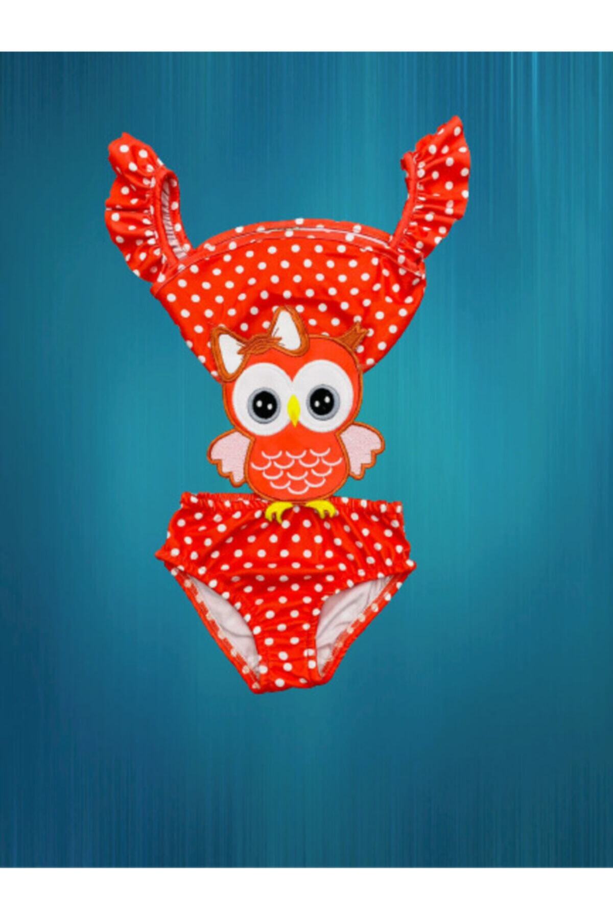 Girls Swimsuit Cute Owl Themed Orange Color Sleeve Frilly - Last Season Costume Swimwear