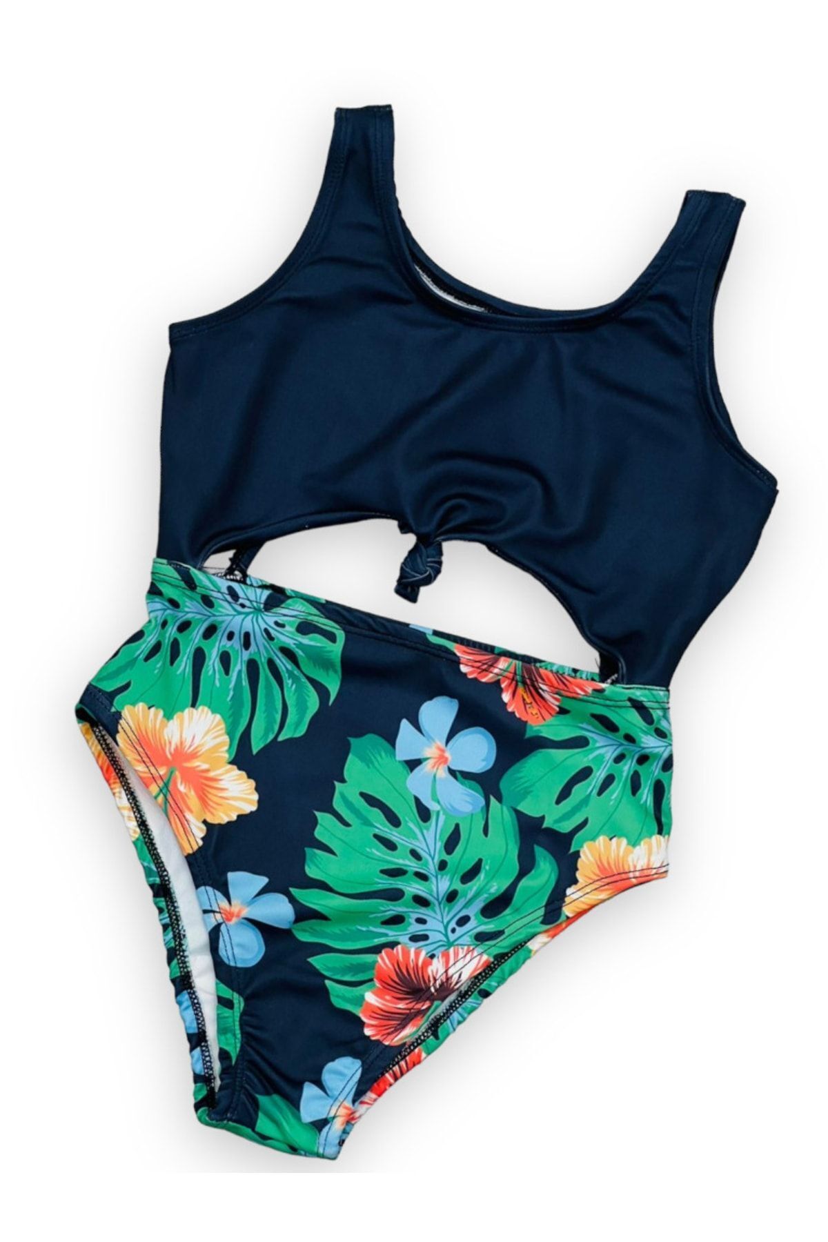 Girls Belly Tie Detailed Black Color Tropical Amazon Leaf Detailed Swimsuit / Swimsuit