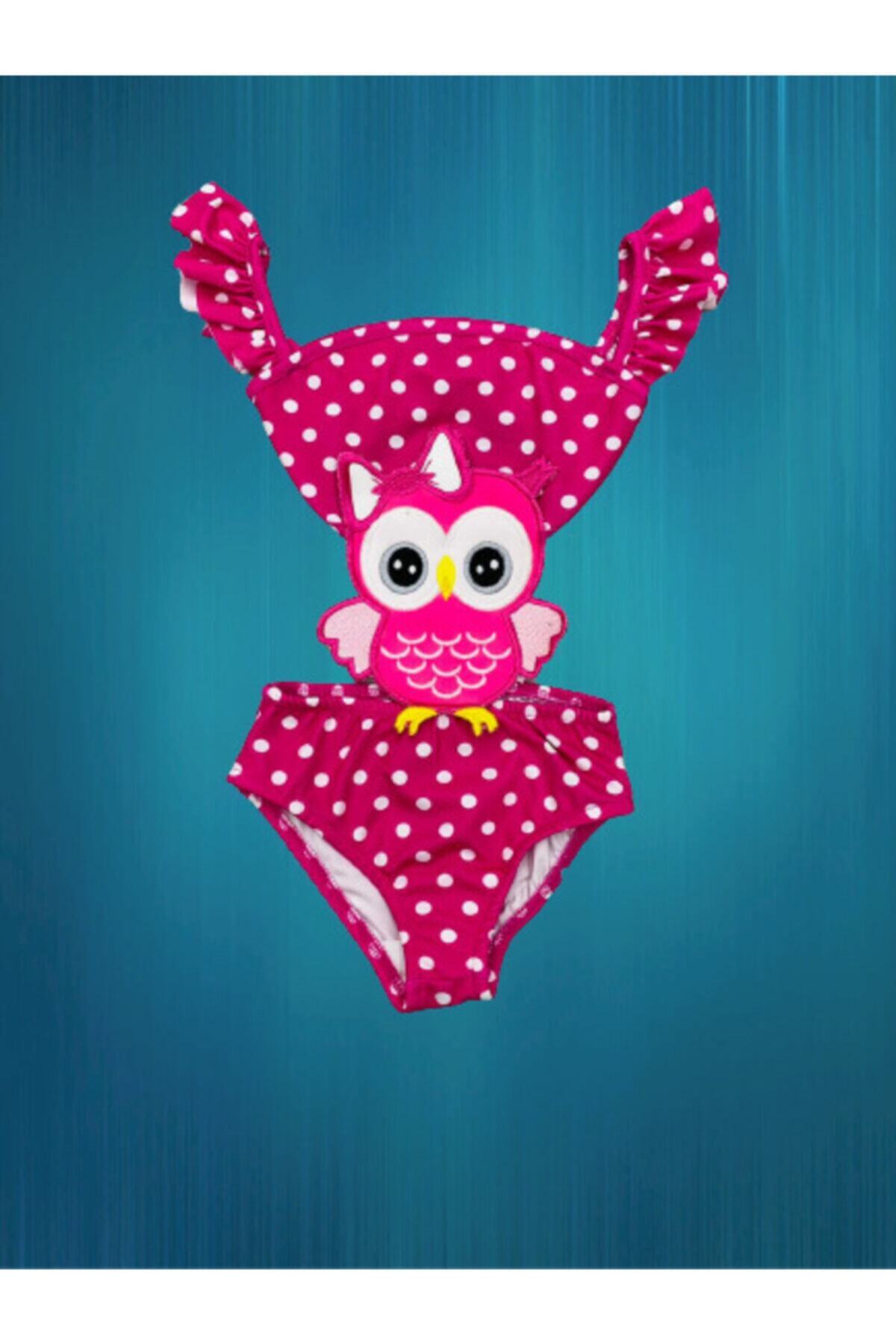 Girls Swimsuit Cute Owl Themed Dark Pink Frilly Sleeve Last Season Costume Swimwear