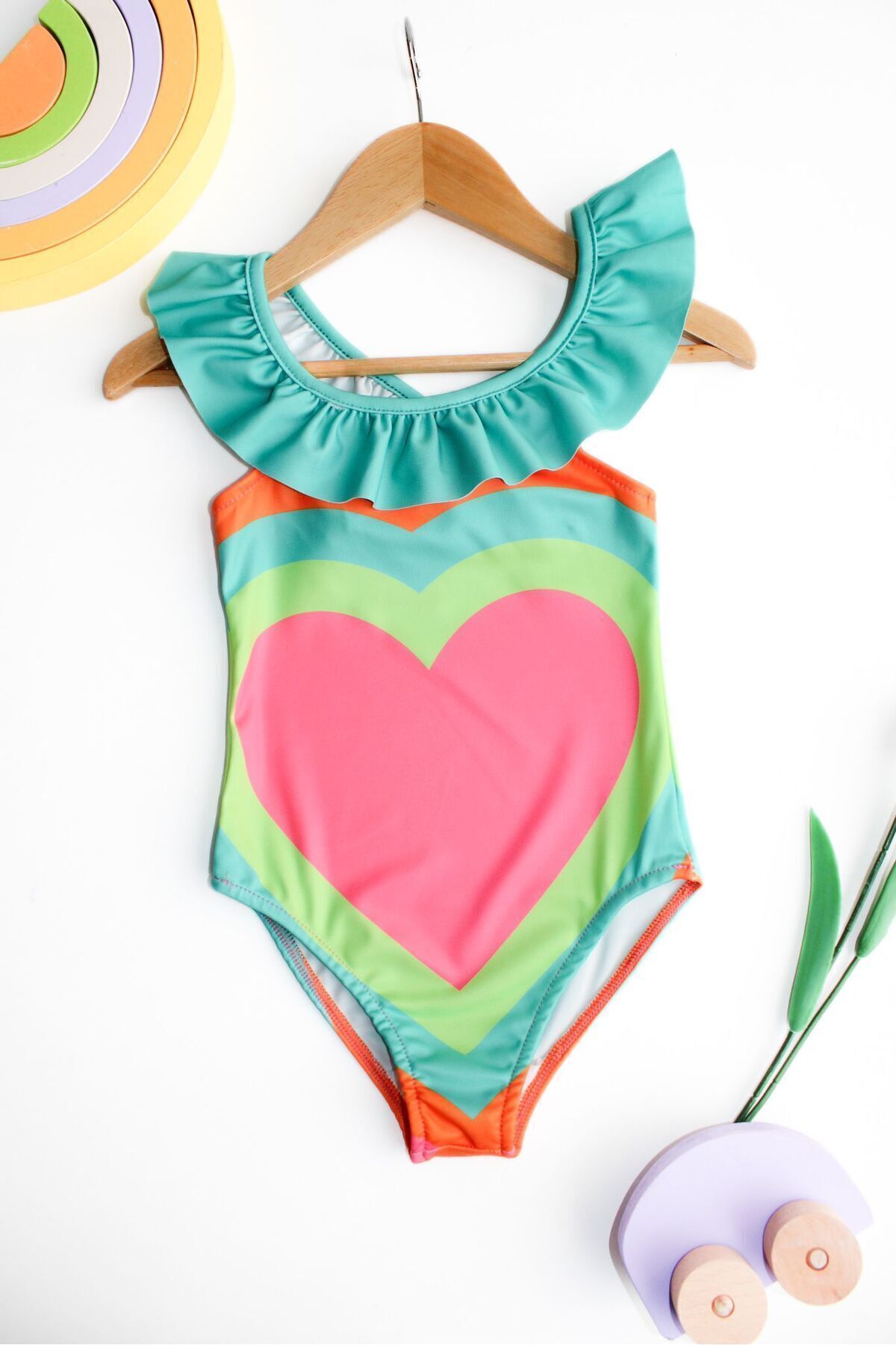 Girls Colorful Hearts Pattern Neon Colors Ruffle Neck Detailed Swimwear New Season