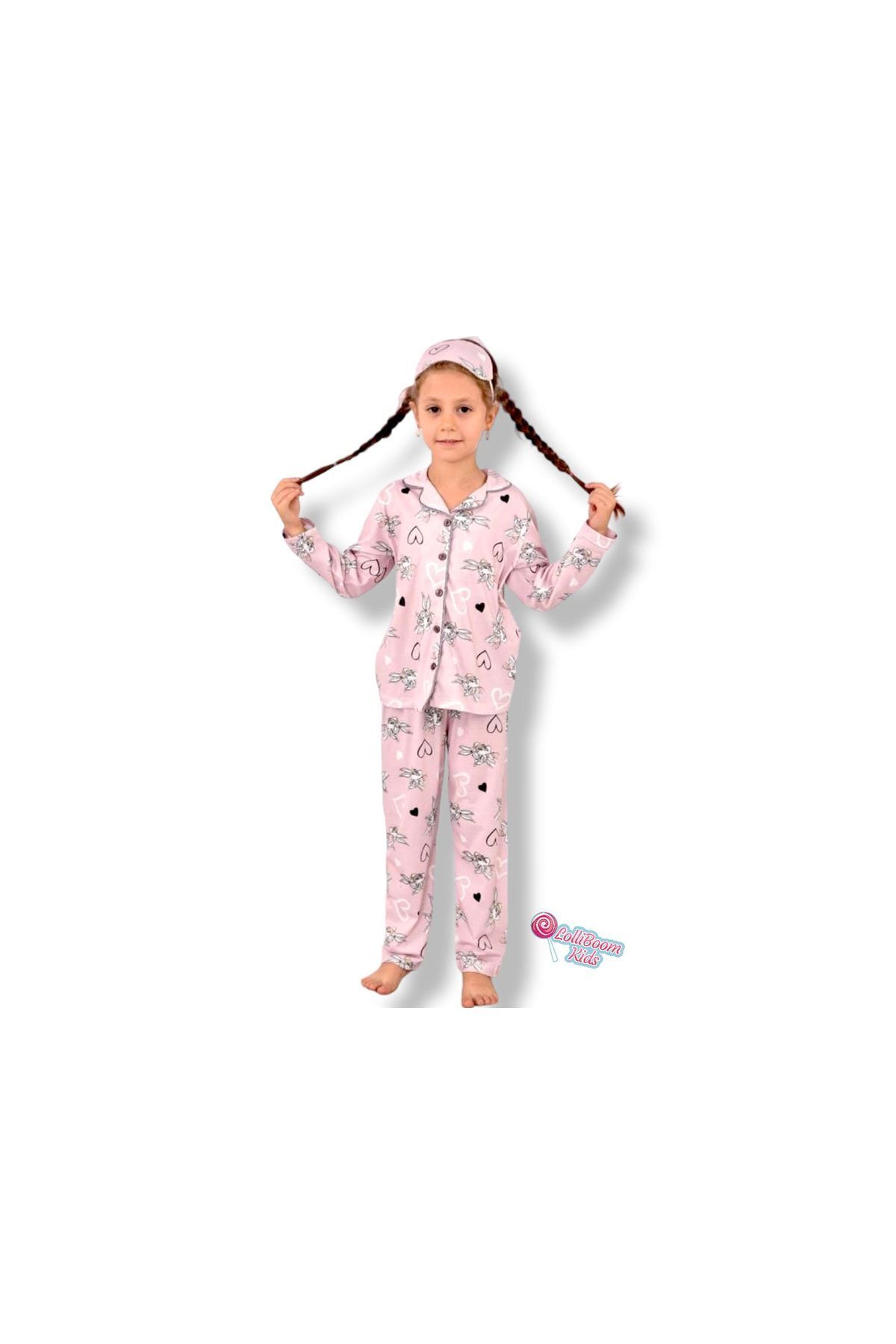 Lolliboomkids Kız Çocuk Uzun Kulak Tavşan Bunny Desen Pembe Renk Düğmeli Pijama Takımı fotoğrafı 3 (önizleme)