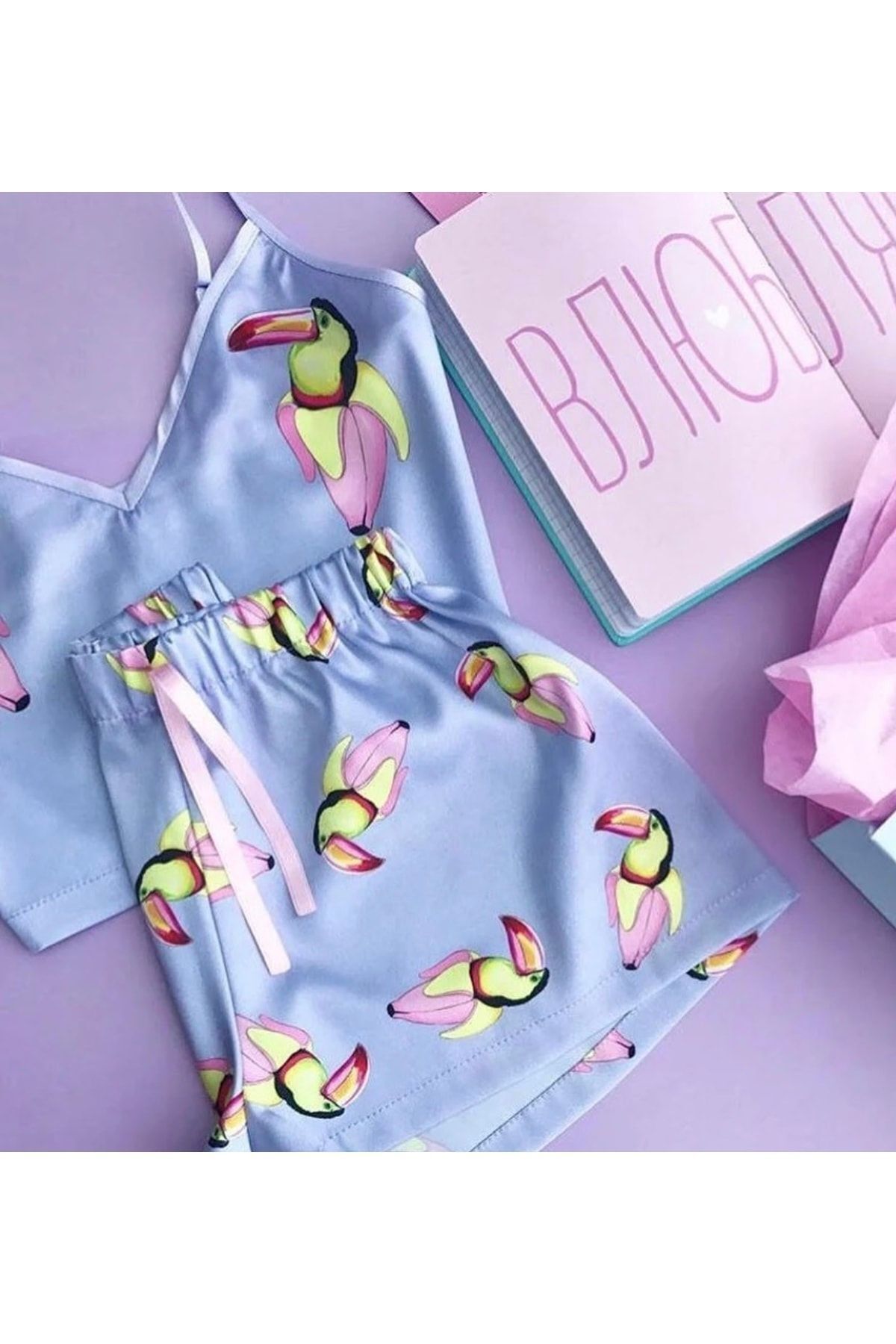 Pajamas Set with Satin Strap and Shirt and Shorts