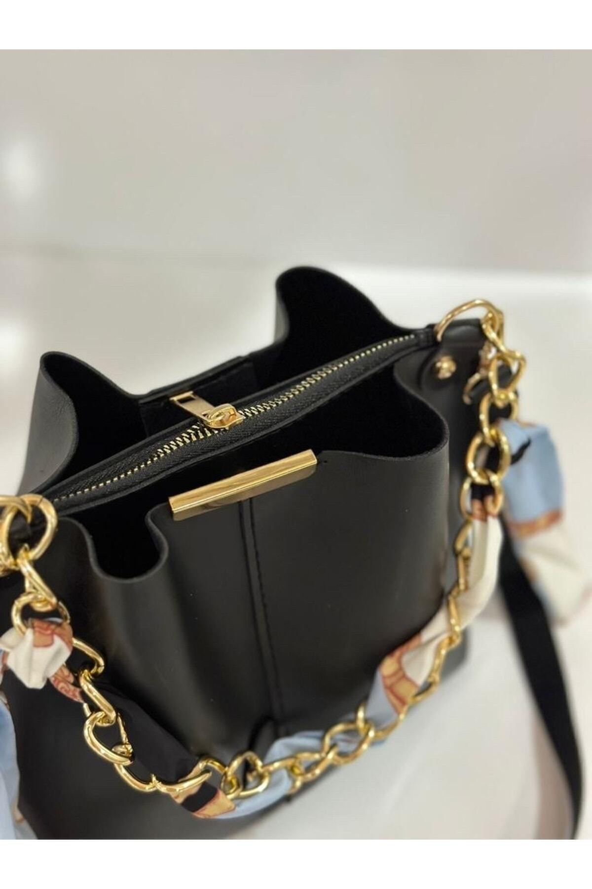 Chocolate Women s Scarf Soft Leather Bag with Chain Accessories Black. Trendyol