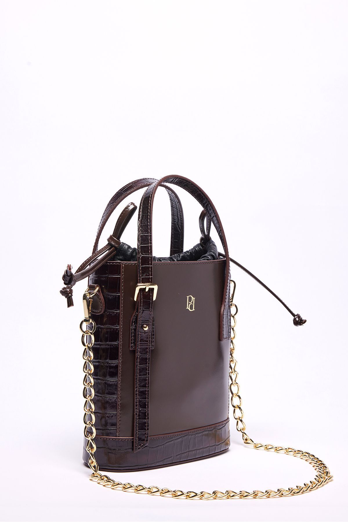 Pilea-Refined Style Leather Cylinder Shoulder Bag with Gold Chain Detail - My 3