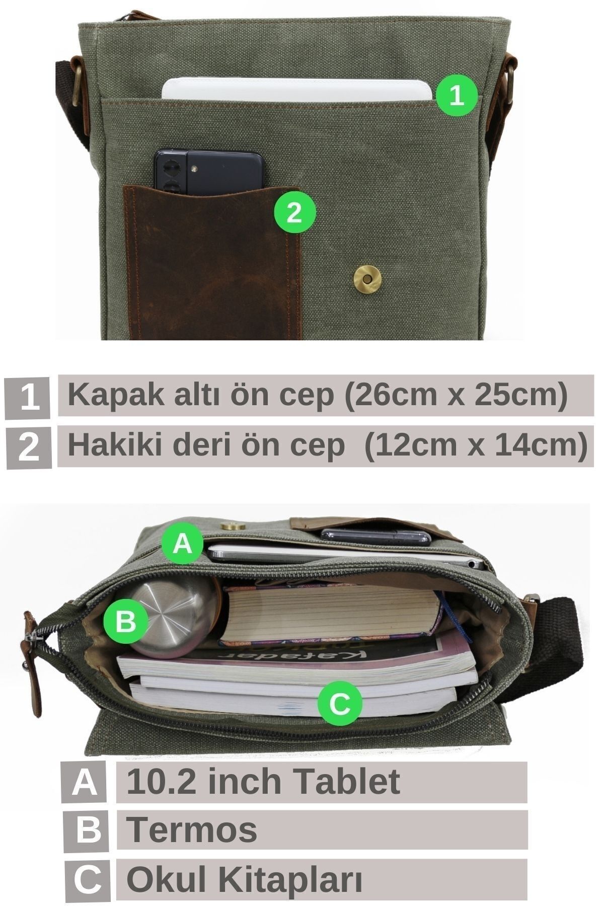 Cappadocia Vintage  Cappadocia Hakiki Deri Suya Dayanıklı 4035 Teos Koyu Siyah Postacı Omuz Mumlu Kanvas Laptop Çantası - Görsel 6