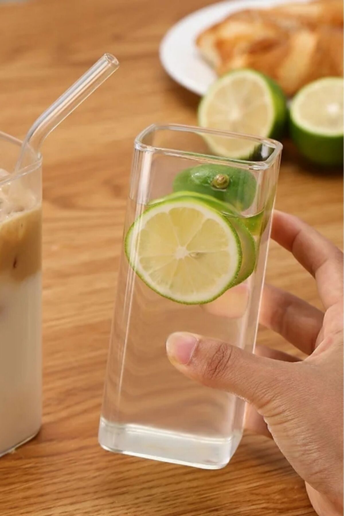 2 Li Pipetli Kare Kahve Bardağı | Meşrubat Bardağı | Soğuk Kahve Bardağı | Dikdörtgen bardak 350ml